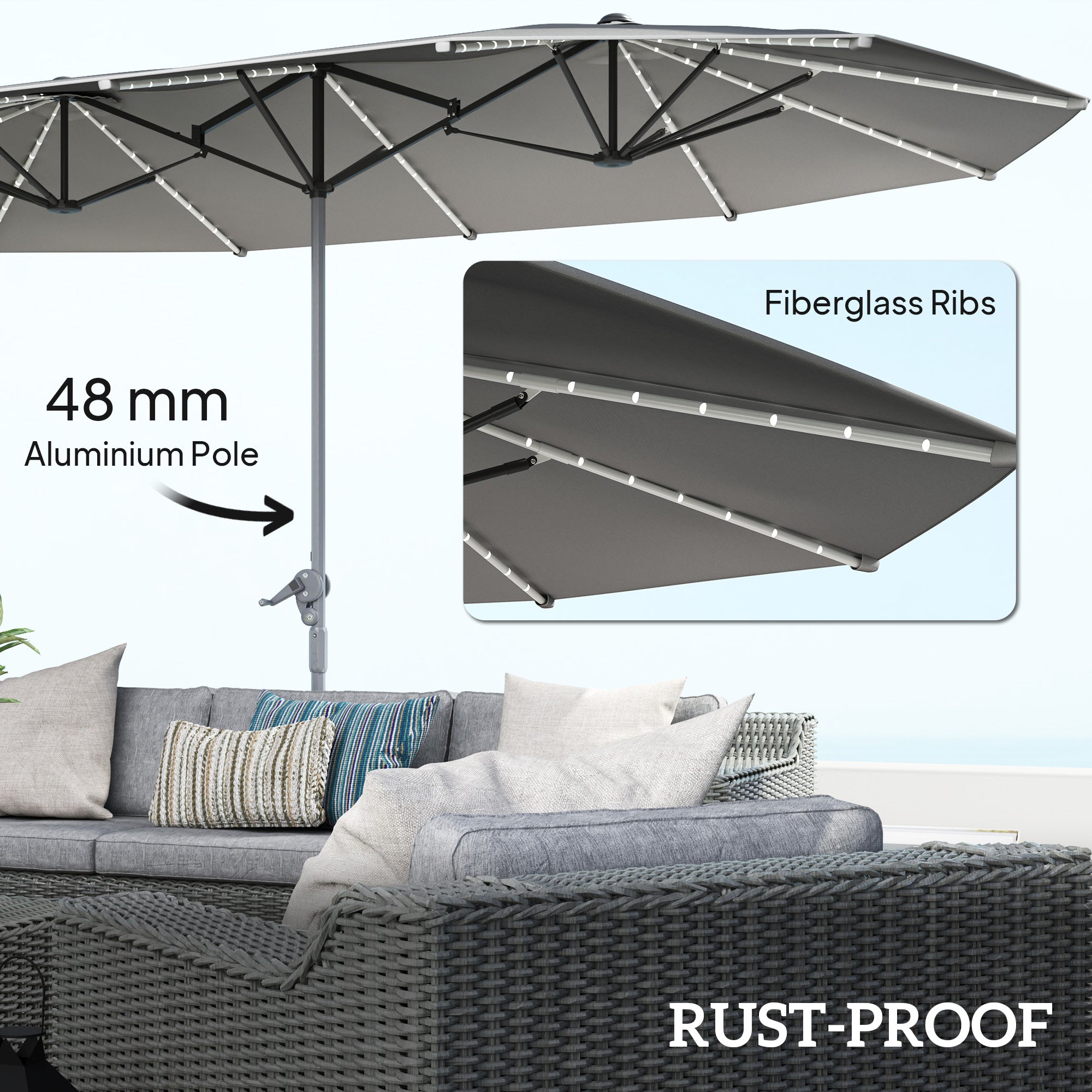 15ft Double-Sided Outdoor Umbrella with Solar Lights, UPF50+ Extra Large Aluminum Patio Umbrella with Crank, Dark Gray