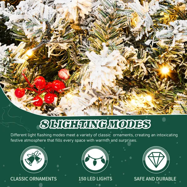48in Pre-lit Snow Flocked Christmas Wreath, Lighted Artificial Xmas Wreath With 150 Warm White Lights And 450 PVC Tips And DIY Ornaments, For Front Door Gate Wall Xmas Party Decorations, Snowy Green