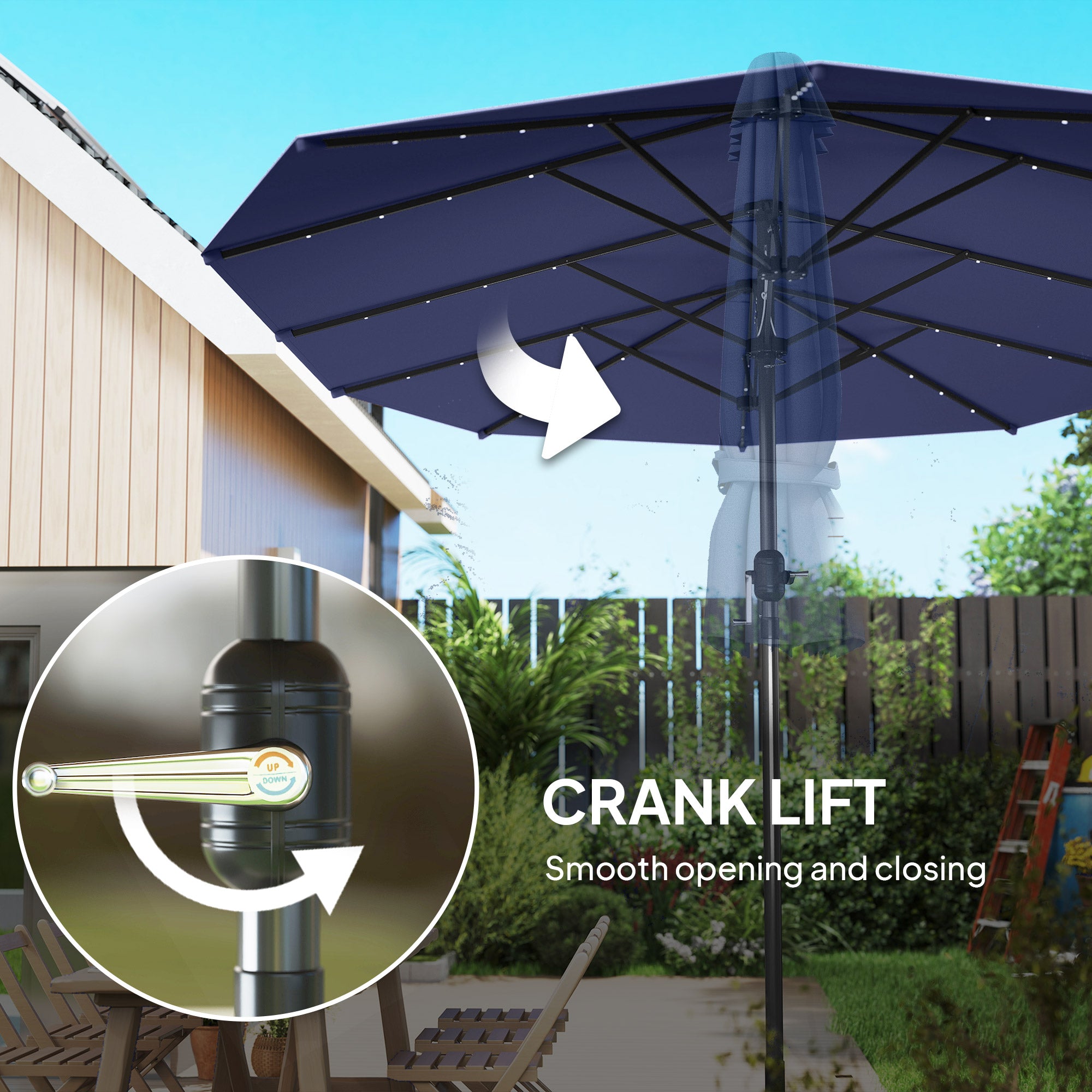 Garden Parasol, Double-Sided Sun Umbrella with LED Solar Lights, Patio Parasol for Outdoor, Navy Blue