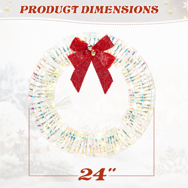 24in Pre-lit Iridescent Outdoor Christmas Wreath Decoration, Lighted Metal Wreath With Red Bow, Warm White LED Lights, For Front Door Gate Wall Indoor Outdoor Holiday Party