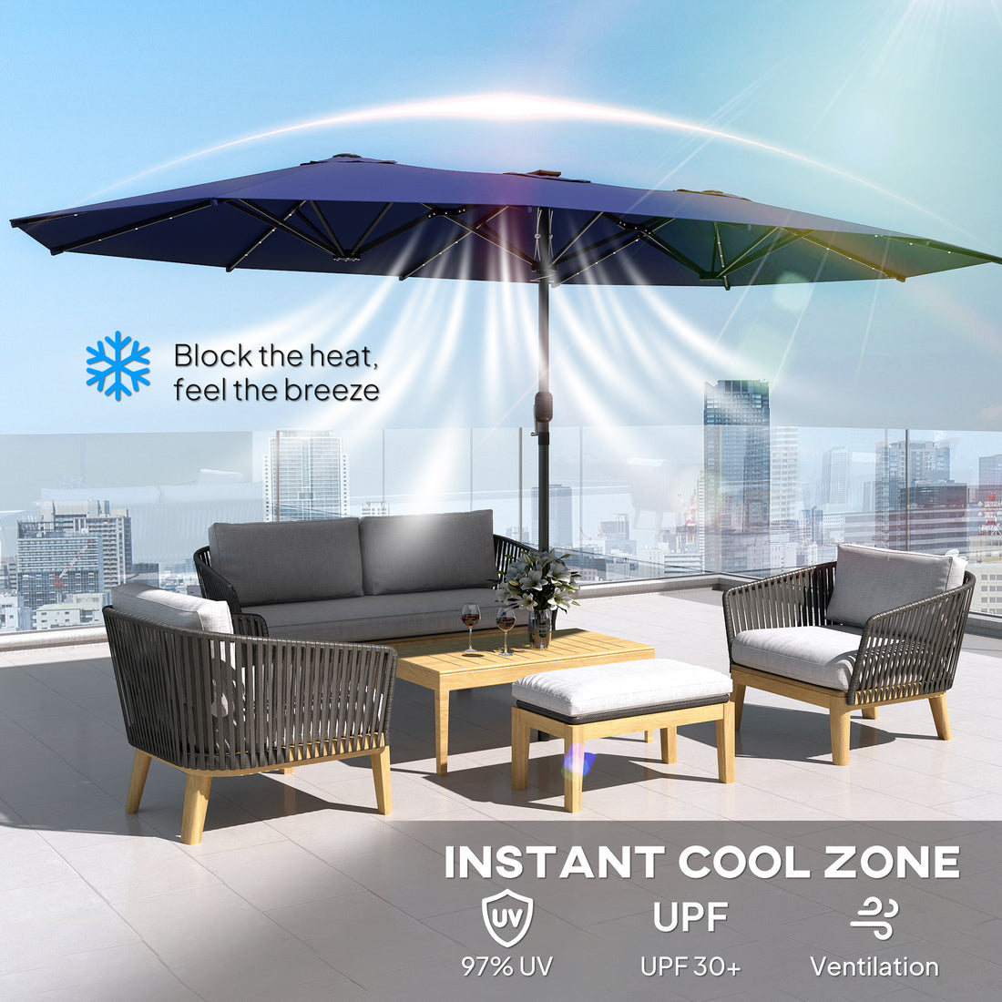 Garden Parasol, Double-Sided Sun Umbrella with LED Solar Lights, Patio Parasol for Outdoor, Navy Blue