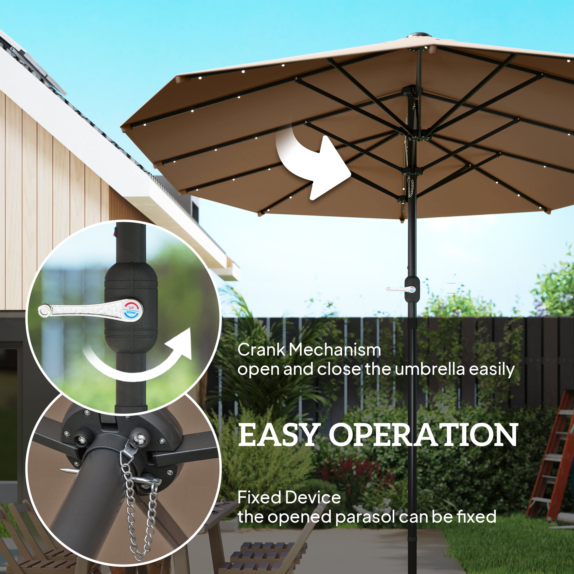 Garden Parasol 14.4 ft. Double-Sided Sun Umbrella with Base, Patio Parasol with LED Solar Lights, Khaki