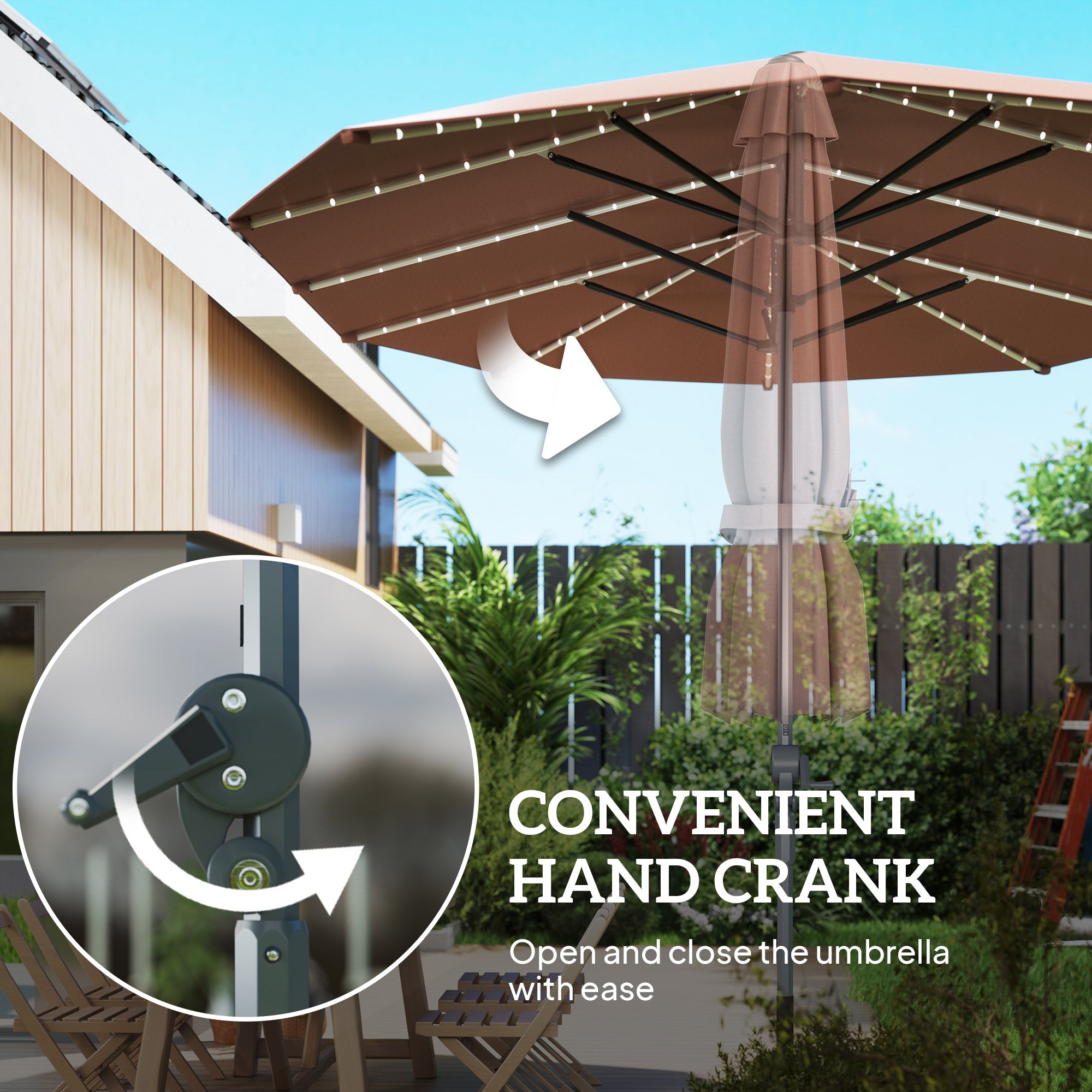 15ft Double-Sided Outdoor Umbrella with Solar Lights, UPF50+ Extra Large Aluminum Patio Umbrella with Crank, Tan