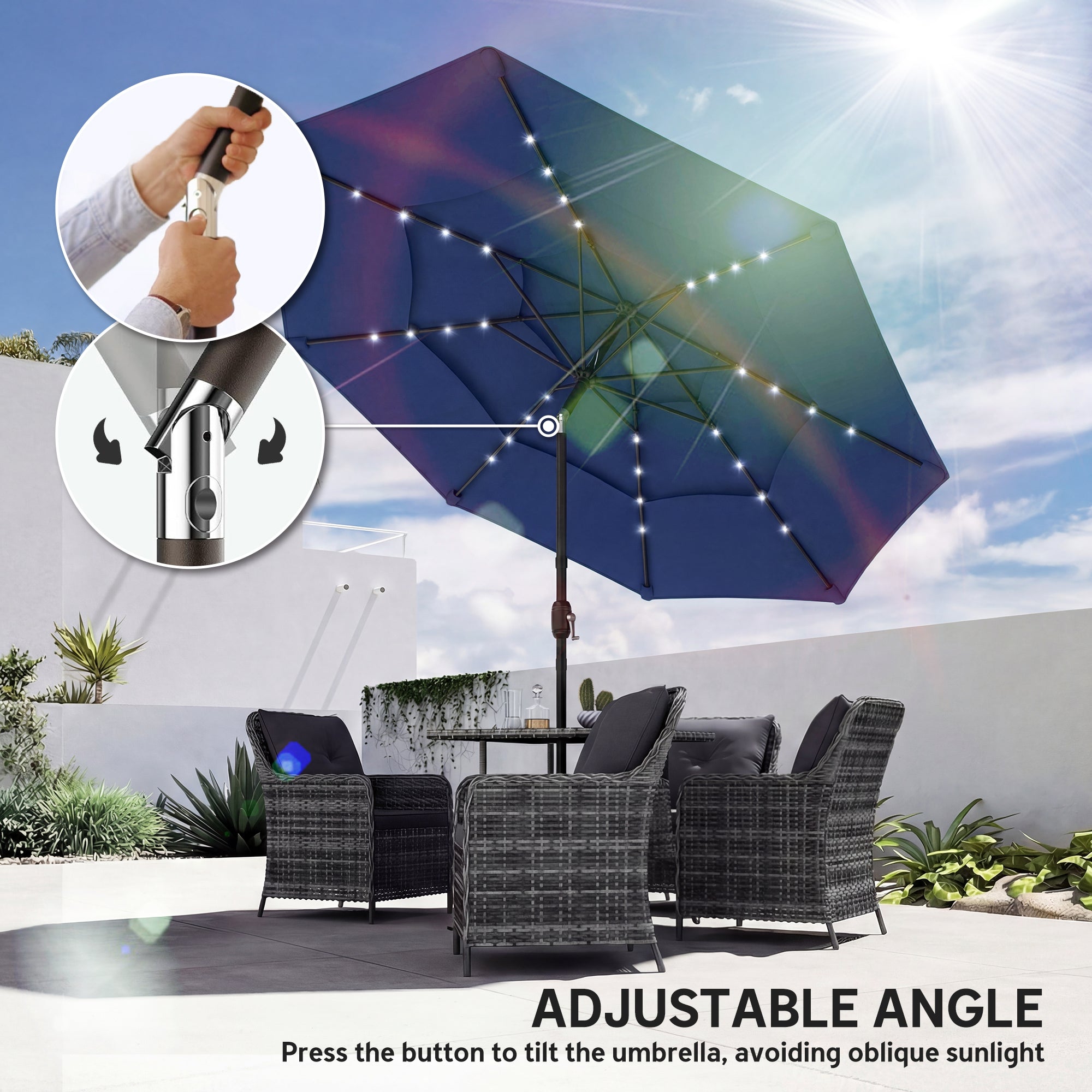 9.7 ft Outdoor Patio Umbrella with Solar LED Lights, 3 Tier Outdoor Table Umbrella with Tilt, Crank, Navy Blue