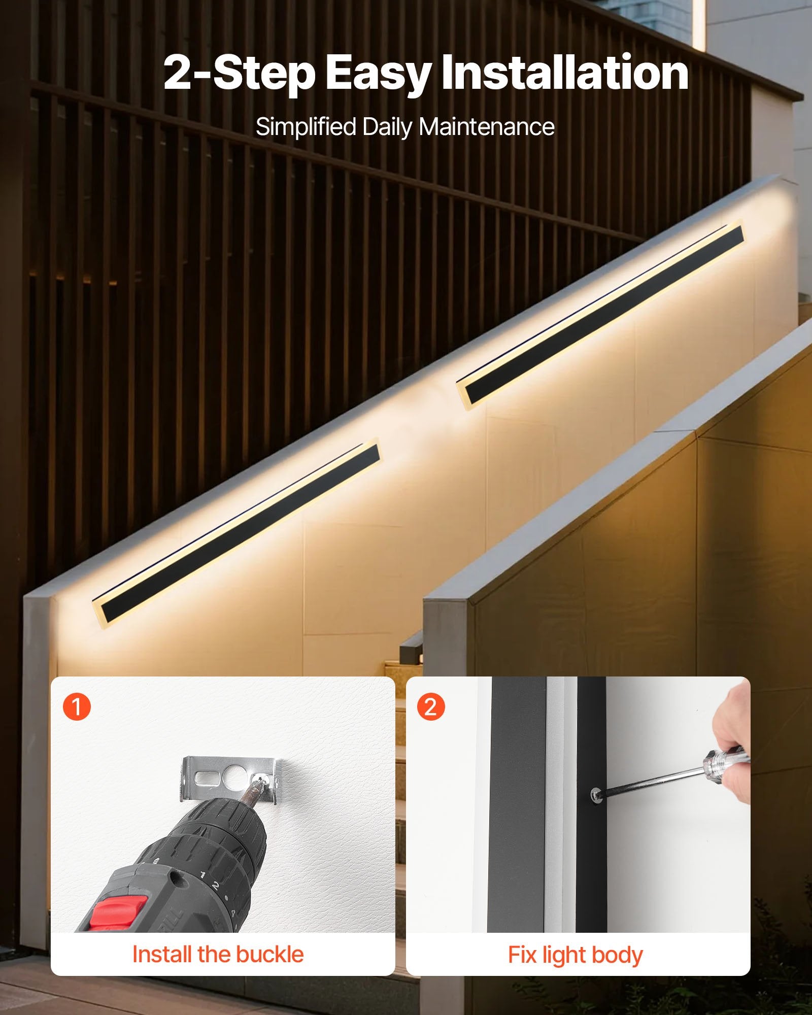 Outdoor Wall Lights, 2 Pack, 39.4 Inch Long Strip Modern Exterior Wall Sconce Light Fixtures, 3000K Warm White, IP65 Waterproof Anti-Rust Outside Wall Mount Lighting, For House, Porch, Garage