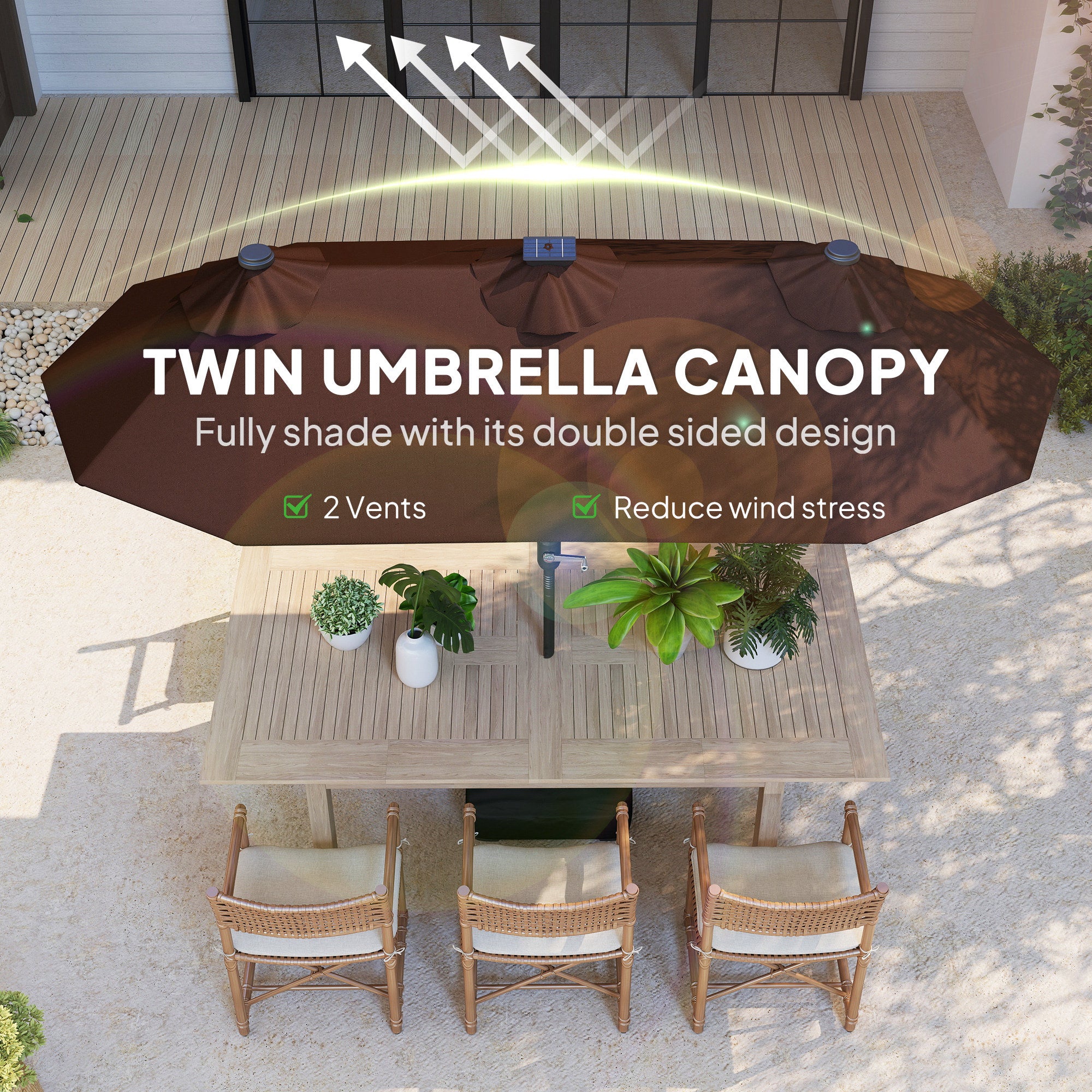 Double-sided Outdoor Patio Umbrella with Solar Lights and Base, Dining Table Umbrella Push Button Tilt, Coffee