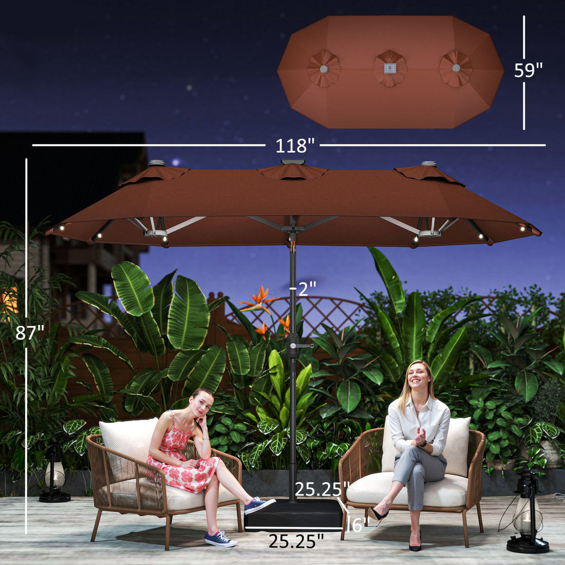Double-sided Outdoor Patio Umbrella with Solar Lights and Base, Dining Table Umbrella Push Button Tilt, Coffee