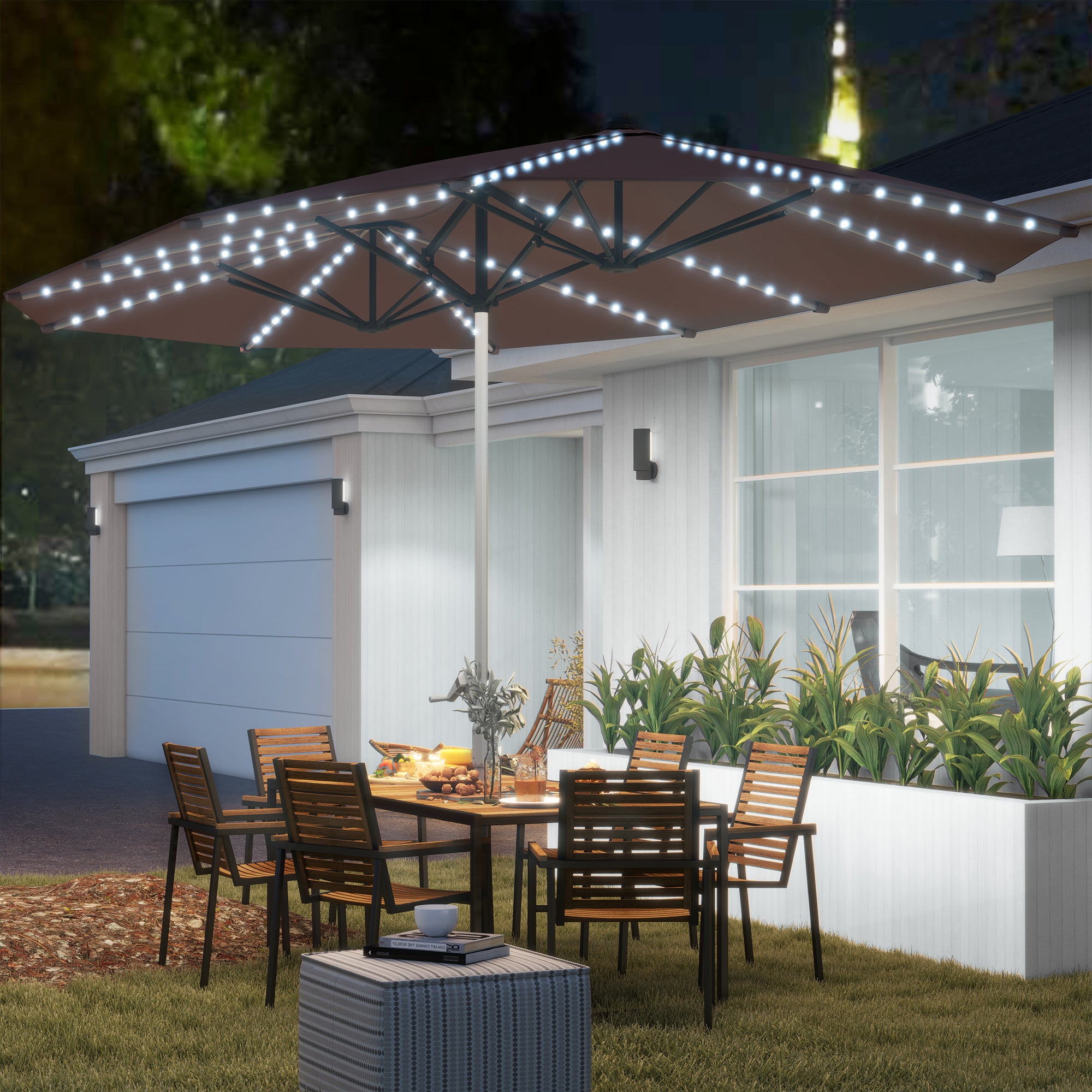 15ft Double-Sided Outdoor Umbrella with Solar Lights, UPF50+ Extra Large Aluminum Patio Umbrella with Crank, Tan