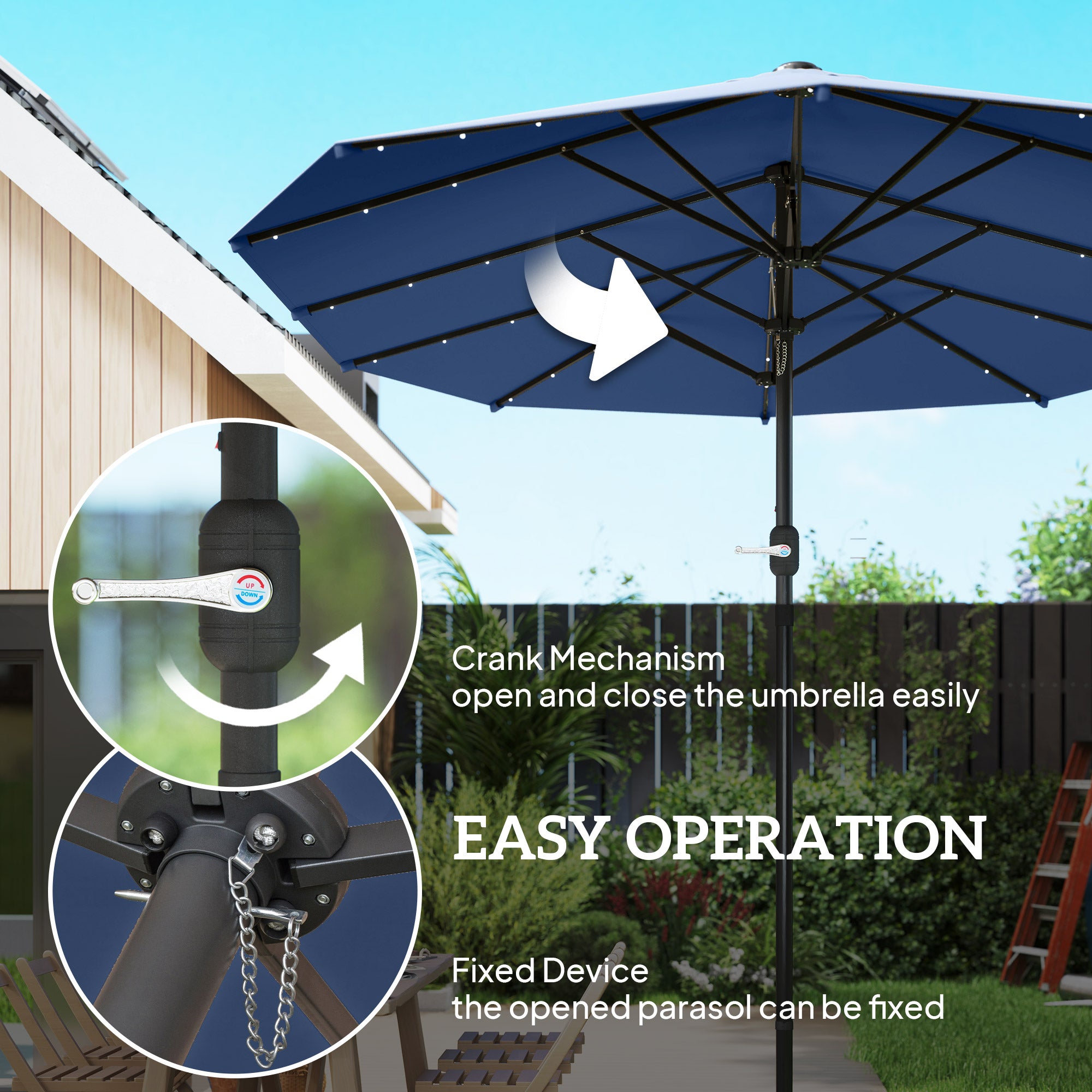 Garden Parasol 14.4ft Double-Sided Sun Umbrella with Base, Patio Parasol with LED Solar Lights, Navy Blue