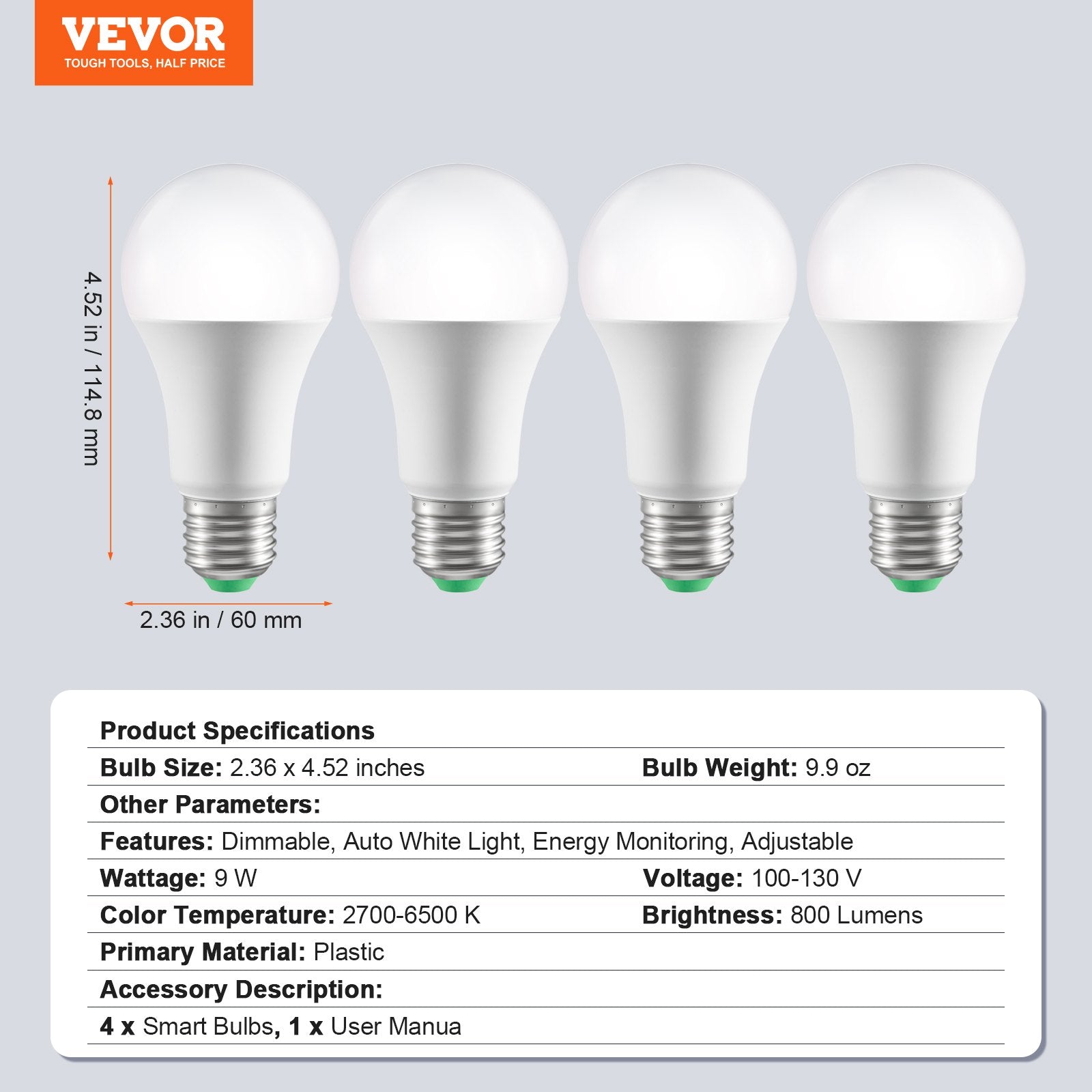 VEVOR Smart LED Light Bulbs, 4-Pack, 9W Multicolor LED Bulbs, 800 Lumens With Smart Control Compatibility For Vera, Google Assistant, Amazon Alexa, IOS, Android, RGB Color Changing