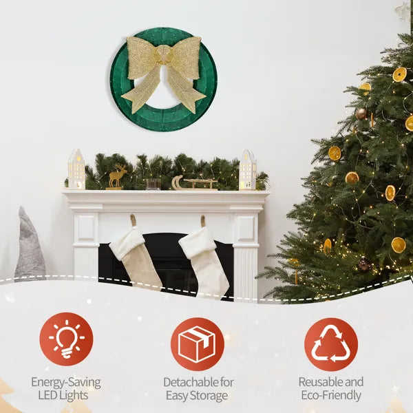 24in Pre-lit Outdoor Christmas Wreath Decoration, Lighted Metal Wreath With Golden Bow, Green And Warm White LED Lights, For Front Door Gate Wall Indoor Outdoor Holiday Party