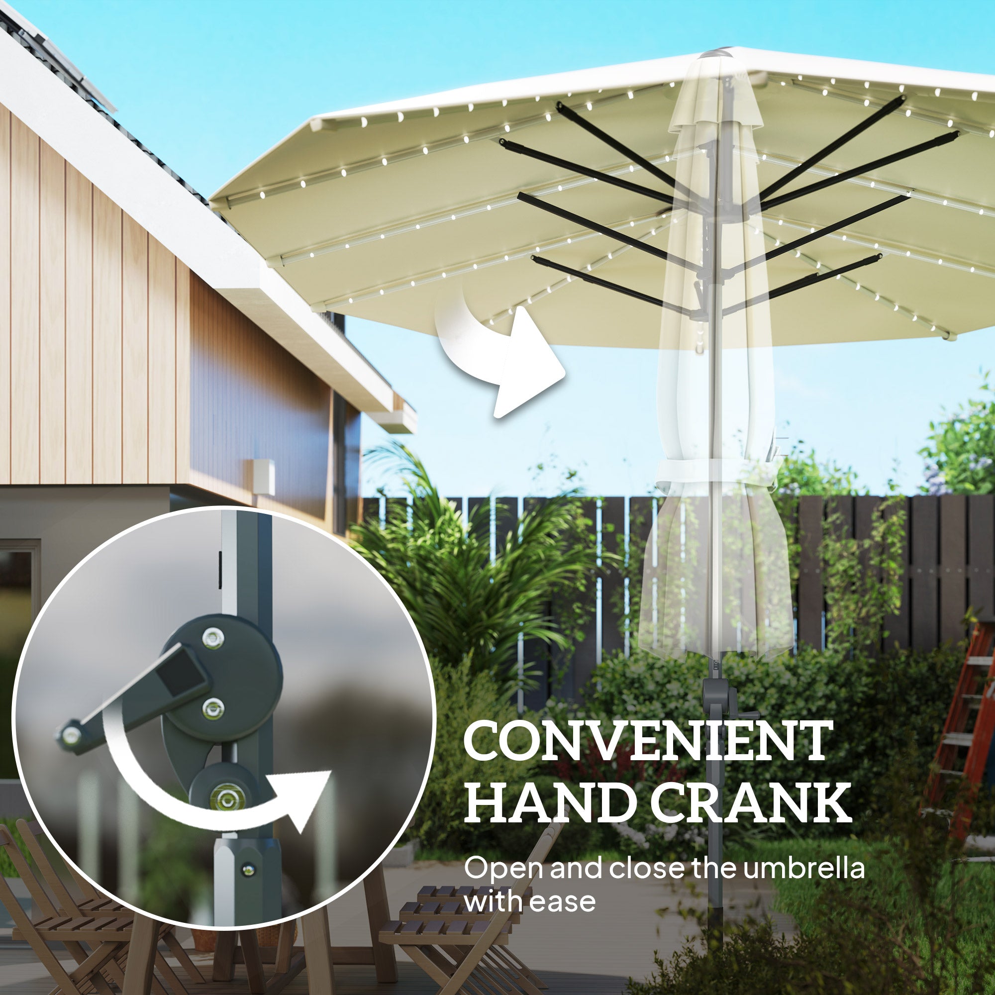 15ft Double-Sided Outdoor Umbrella with Solar Lights, UPF50+ Extra Large Aluminum Patio Umbrella with Crank, Cream White