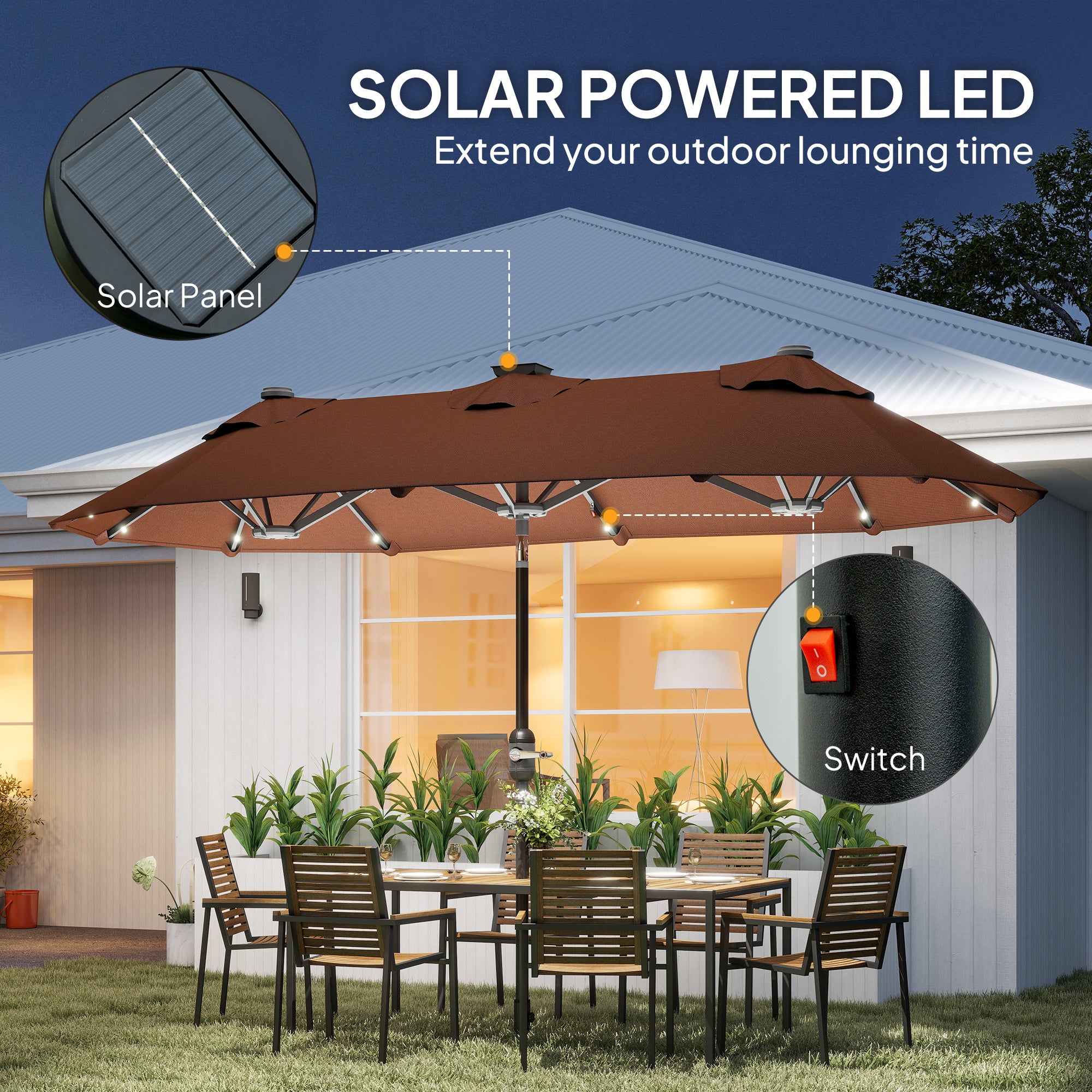 Double-sided Outdoor Patio Umbrella with Solar Lights and Base, Dining Table Umbrella Push Button Tilt, Coffee