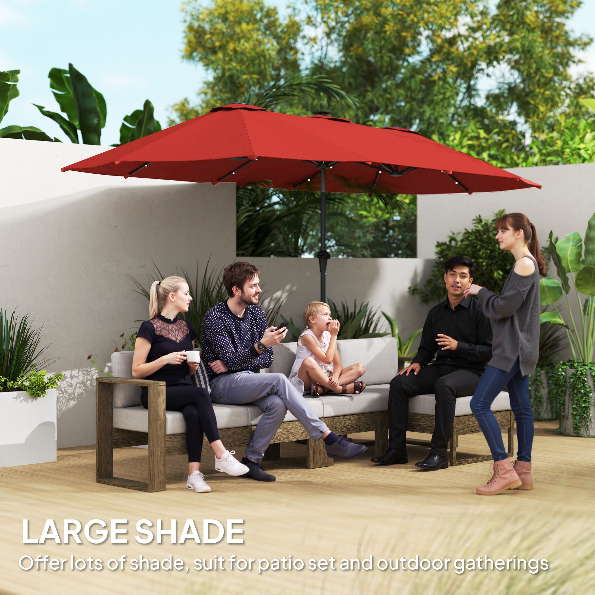 13ft Double-Sided Market Umbrella, Large Patio Umbrella with Solar Lights, Crank Handle for Garden, Pool, Yard, Wine Red