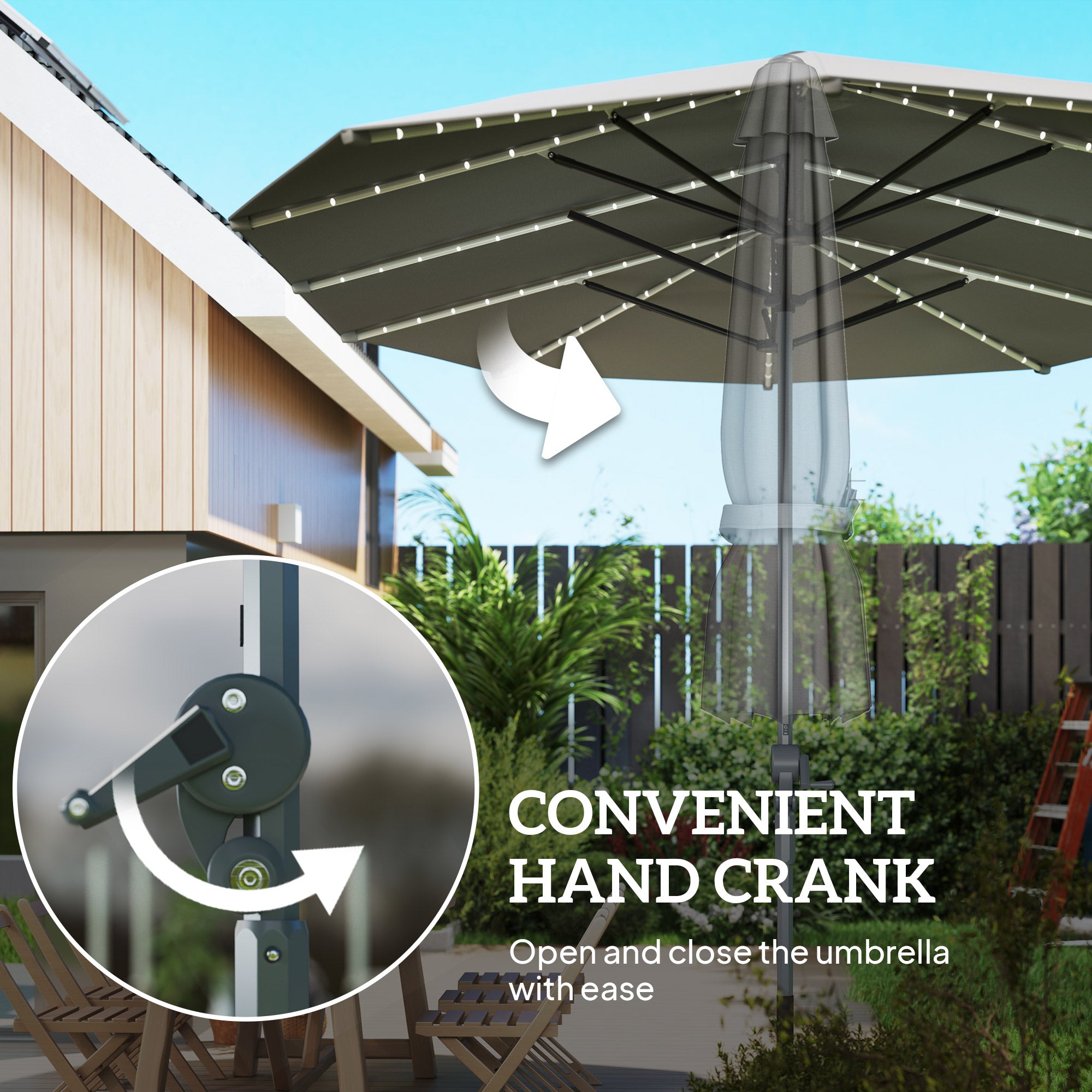 15ft Double-Sided Outdoor Umbrella with Solar Lights, UPF50+ Extra Large Aluminum Patio Umbrella with Crank, Dark Gray