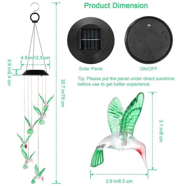 LED Solar Hummingbird Wind Chime Solar String Lights 6 LEDs Color