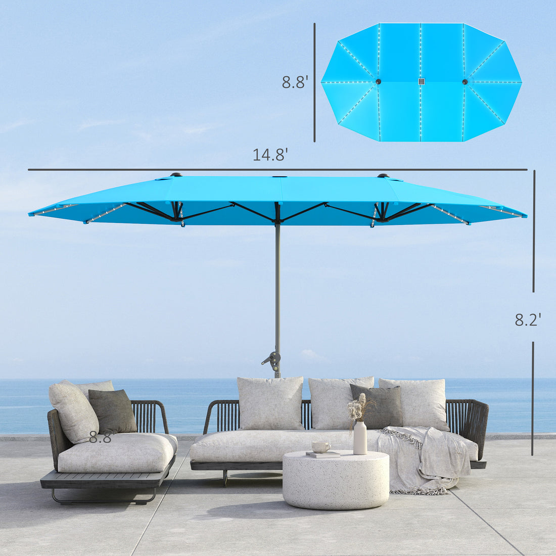 15ft Double-Sided Outdoor Umbrella with Solar Lights, UPF50+ Extra Large Aluminum Patio Umbrella with Crank, Blue