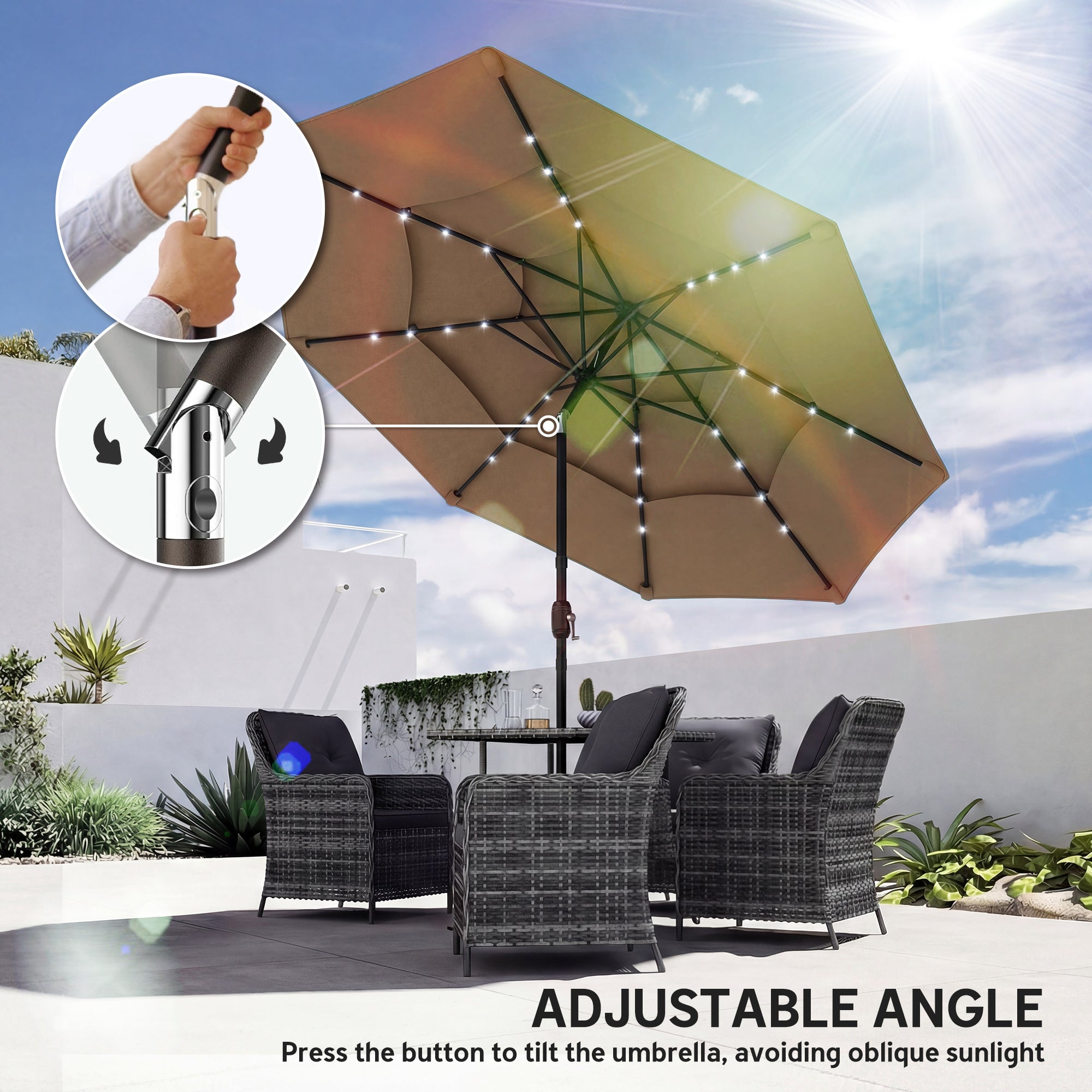 9.7 ft Outdoor Patio Umbrella with Solar LED Lights, 3 Tier Outdoor Table Umbrella with Tilt, Crank, Khaki