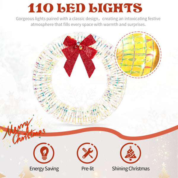 24in Pre-lit Iridescent Outdoor Christmas Wreath Decoration, Lighted Metal Wreath With Red Bow, Warm White LED Lights, For Front Door Gate Wall Indoor Outdoor Holiday Party