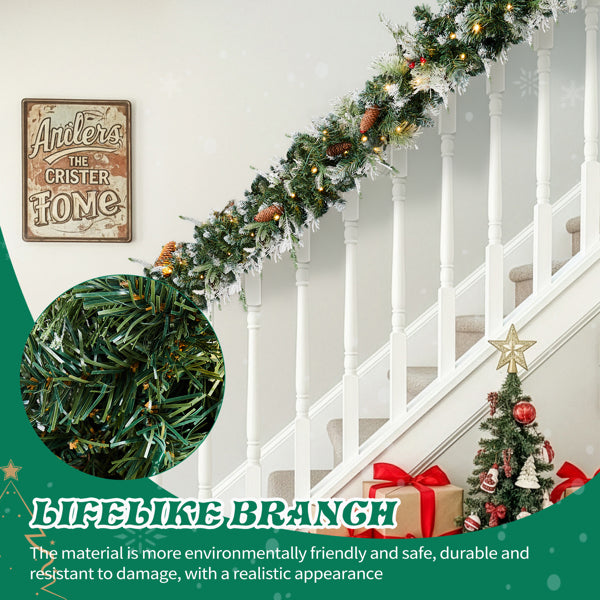 2 Pack 9FT Pre-lit Snow Flocked Christmas Garland, Lighted Artificial Xmas Garland With 200 Warm Lights And 440 Tips And Red Berries, For Front Door Gate Wall Xmas Party Decorations, Snowy Green