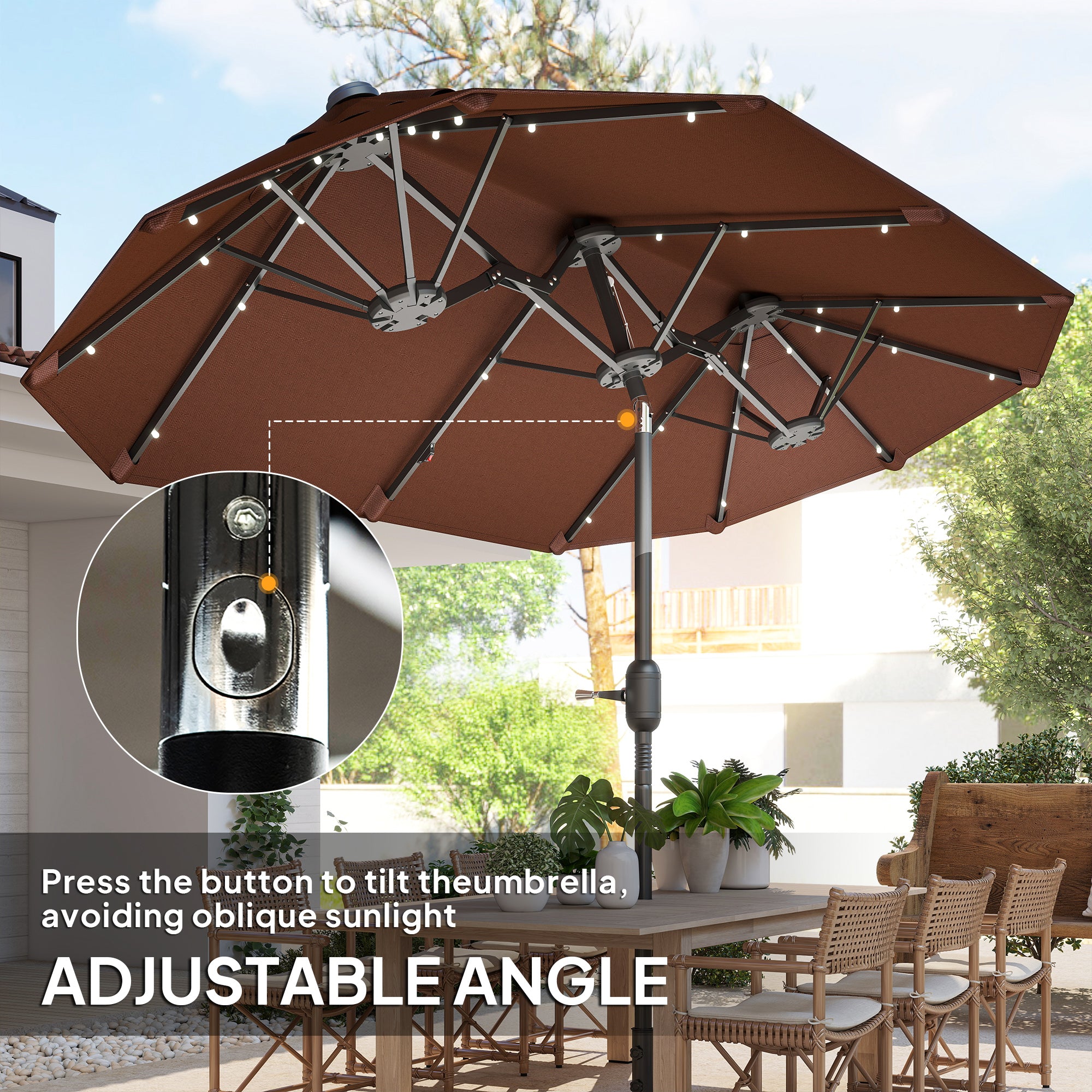 Double-sided Outdoor Patio Umbrella with Solar Lights and Base, Dining Table Umbrella Push Button Tilt, Coffee