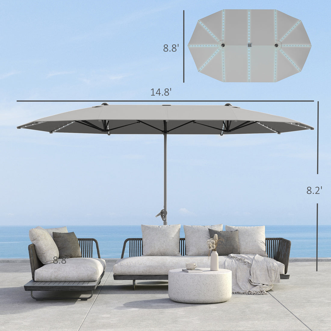 15ft Double-Sided Outdoor Umbrella with Solar Lights, UPF50+ Extra Large Aluminum Patio Umbrella with Crank, Dark Gray