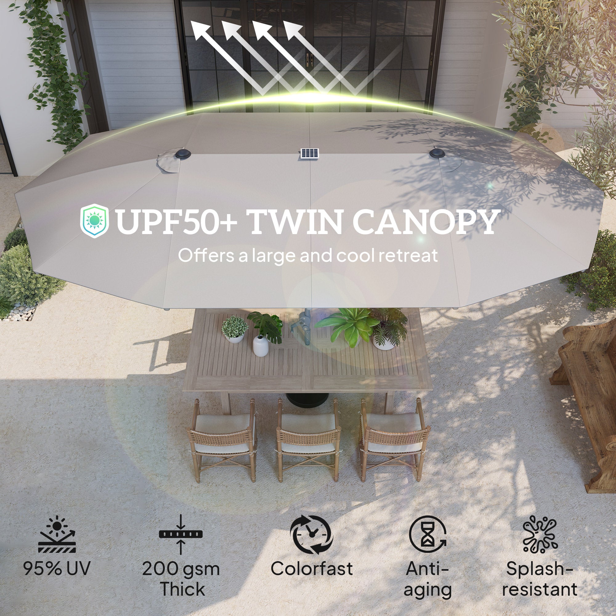 15ft Double-Sided Outdoor Umbrella with Solar Lights, UPF50+ Extra Large Aluminum Patio Umbrella with Crank, Dark Gray