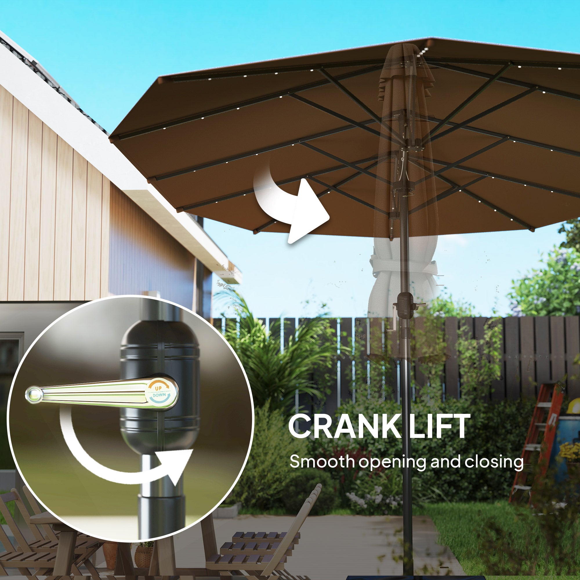 Garden Parasol, Double-Sided Sun Umbrella with LED Solar Lights, Patio Parasol for Outdoor, Coffee