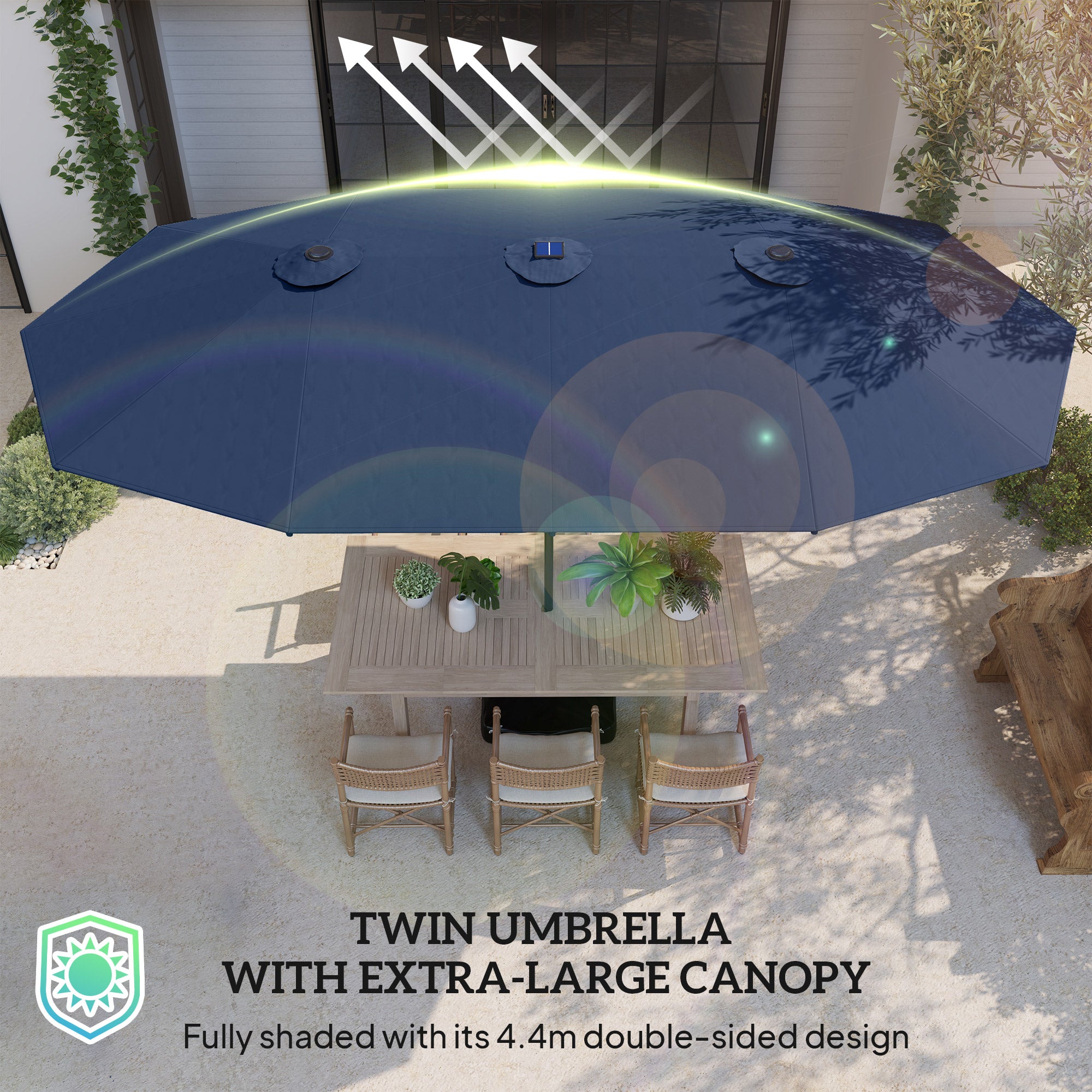 Garden Parasol 14.4ft Double-Sided Sun Umbrella with Base, Patio Parasol with LED Solar Lights, Navy Blue