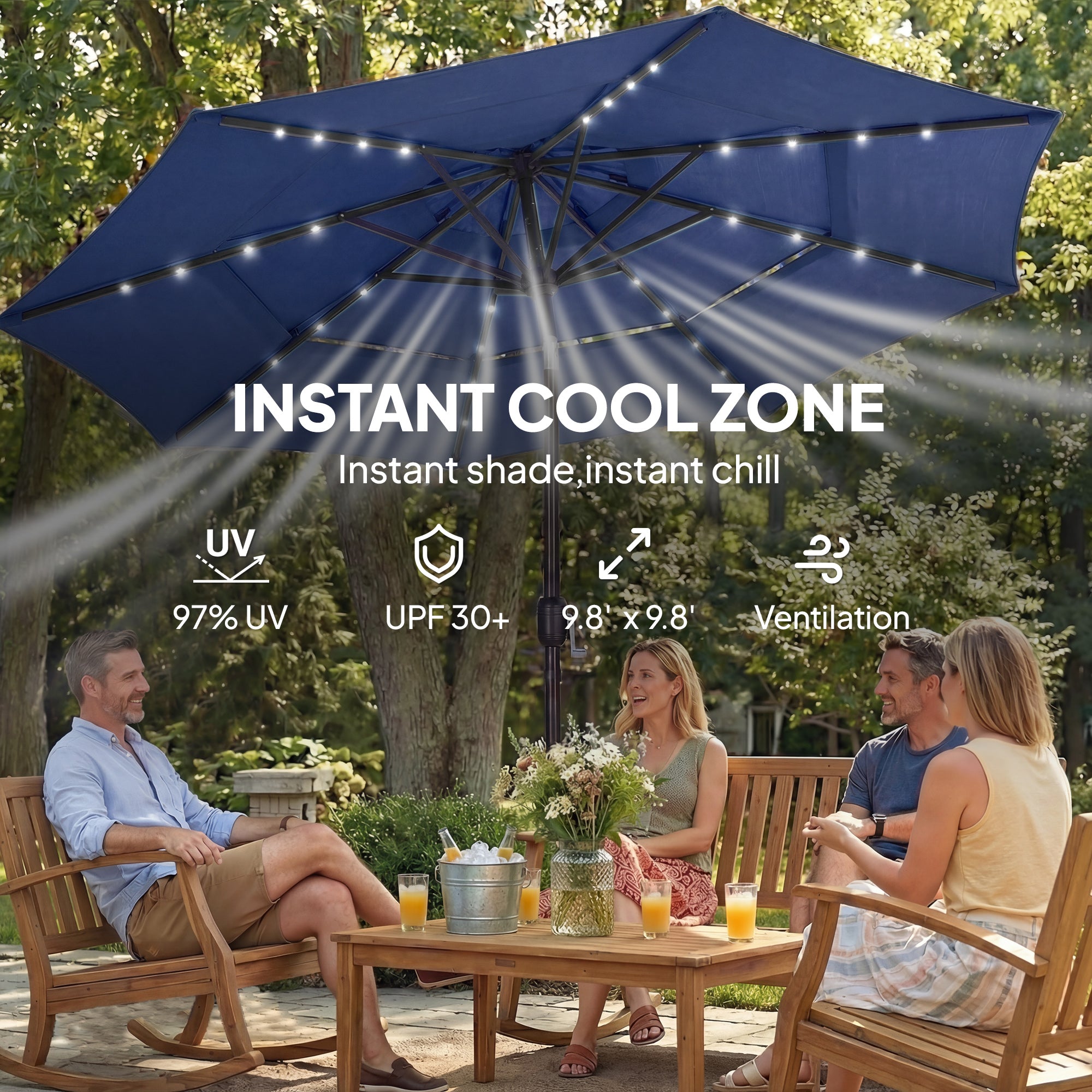 9.7 ft Outdoor Patio Umbrella with Solar LED Lights, 3 Tier Outdoor Table Umbrella with Tilt, Crank, Navy Blue