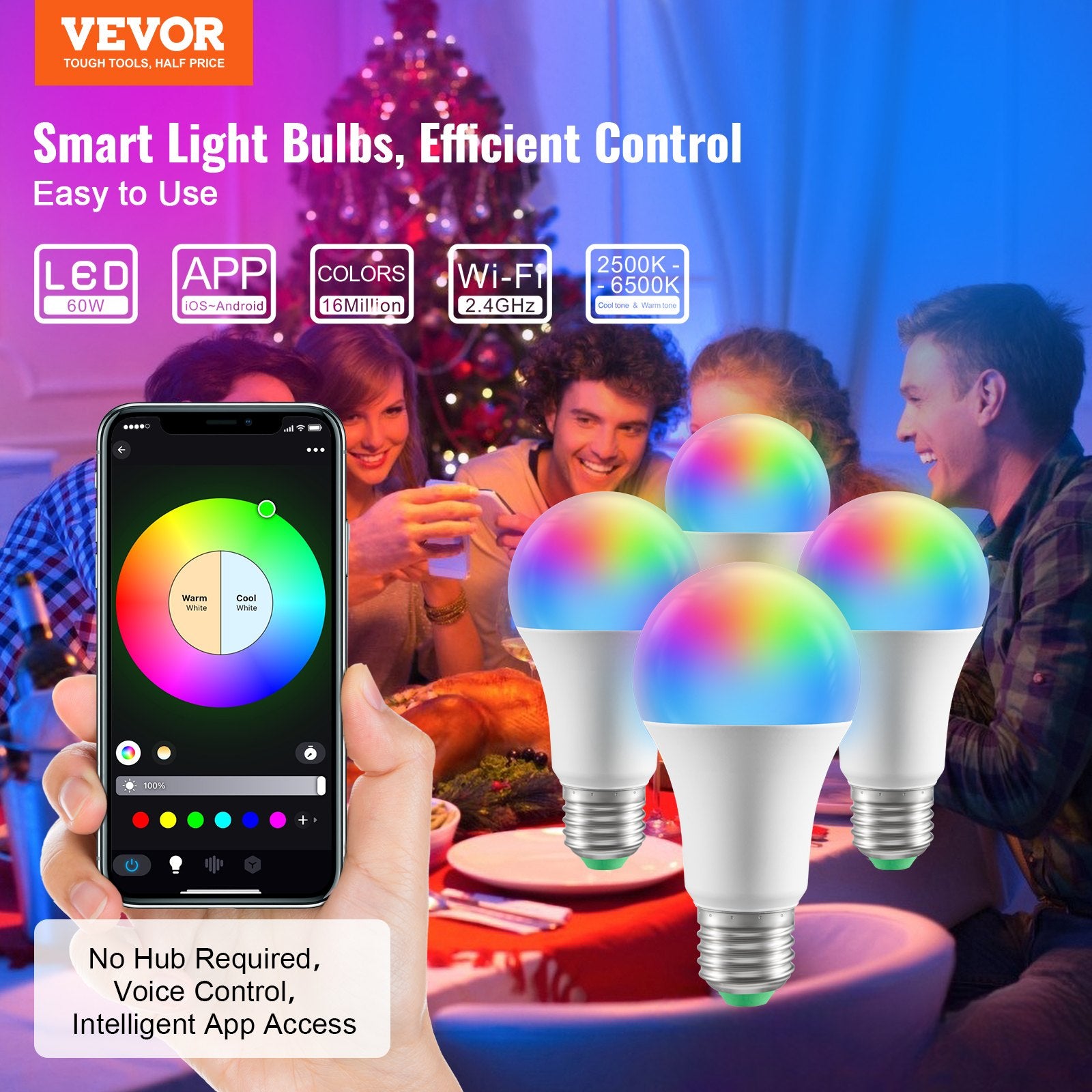 VEVOR Smart LED Light Bulbs, 4-Pack, 9W Multicolor LED Bulbs, 800 Lumens With Smart Control Compatibility For Vera, Google Assistant, Amazon Alexa, IOS, Android, RGB Color Changing