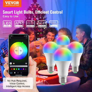 VEVOR Smart LED Light Bulbs, 4-Pack, 9W Multicolor LED Bulbs, 800 Lumens With Smart Control Compatibility For Vera, Google Assistant, Amazon Alexa, IOS, Android, RGB Color Changing