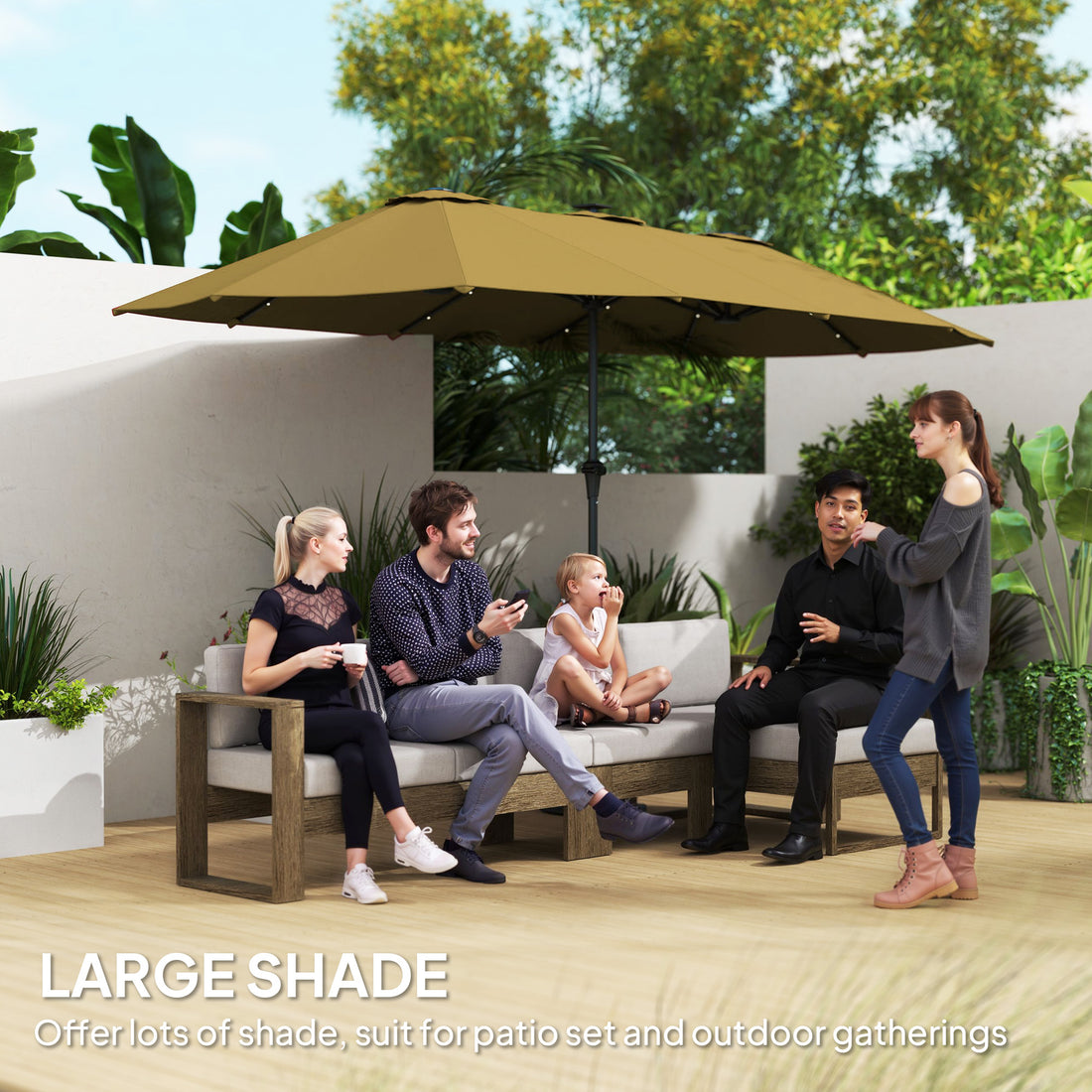 13ft Double-Sided Market Umbrella, Large Patio Umbrella with Solar Lights, Crank Handle for Garden, Pool, Yard, Khaki