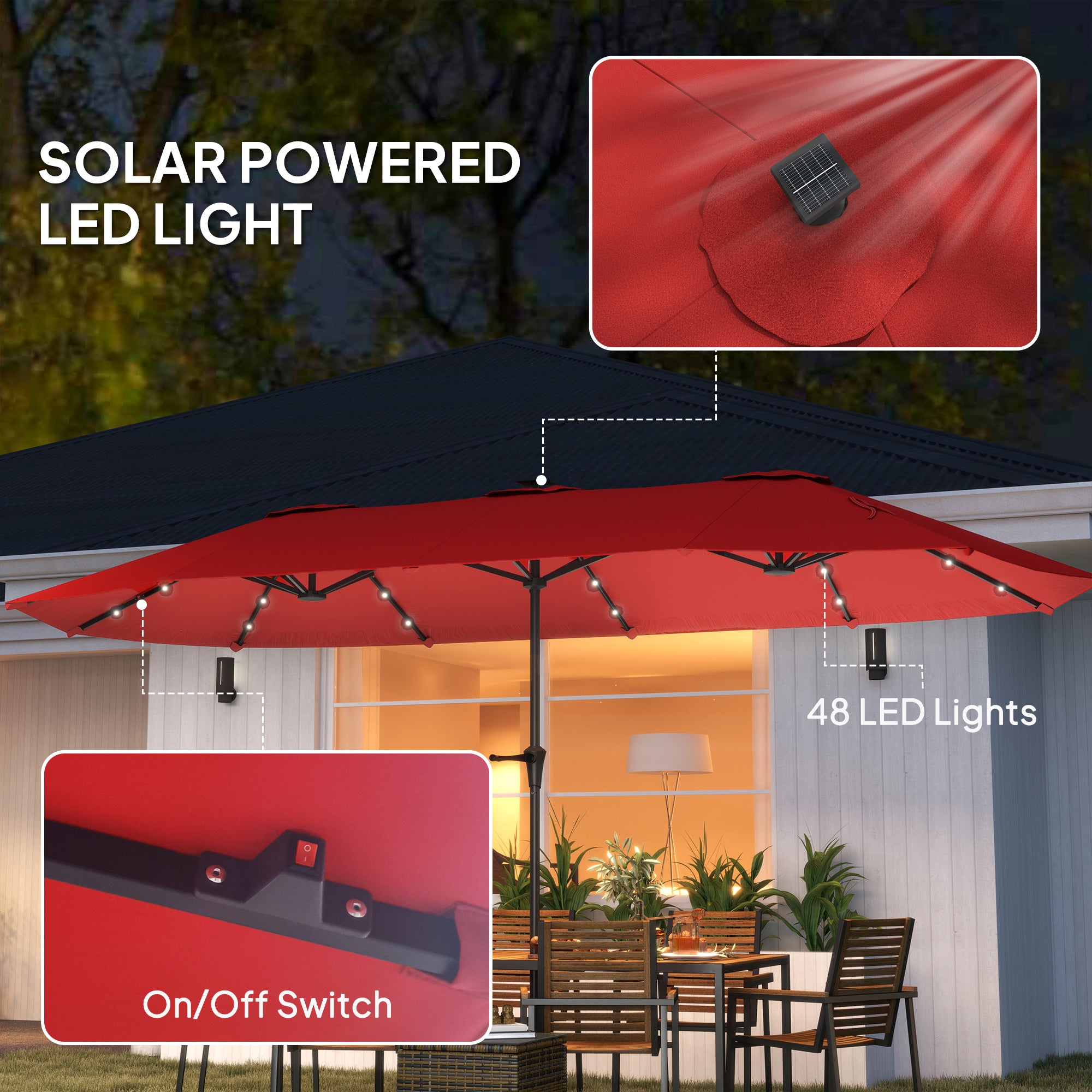 13ft Double-Sided Market Umbrella, Large Patio Umbrella with Solar Lights, Crank Handle for Garden, Pool, Yard, Wine Red