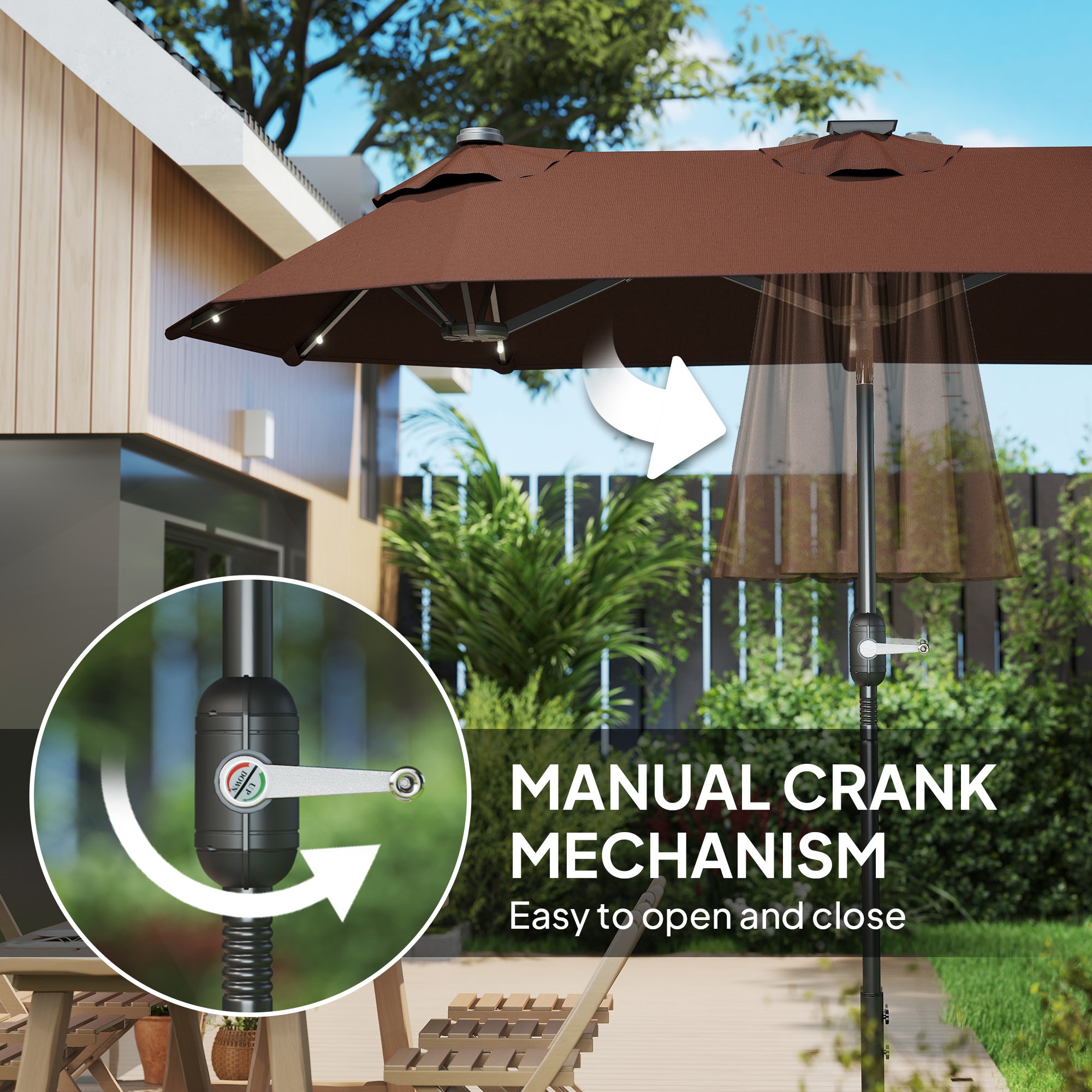 Double-sided Outdoor Patio Umbrella with Solar Lights and Base, Dining Table Umbrella Push Button Tilt, Coffee