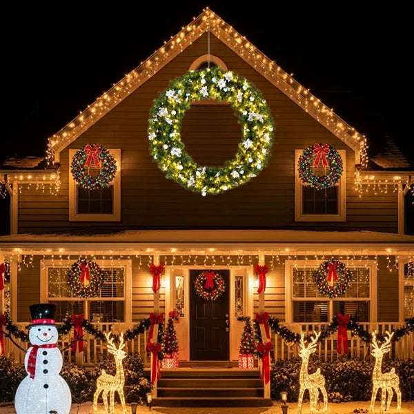 60in Pre-lit Christmas Wreath, Lighted Artificial Xmas Wreath With 220 Cold & Warm White Lights And 600 PVC Tips And DIY Ornaments, For Front Door Gate Wall Xmas Party Decorations, Light Green