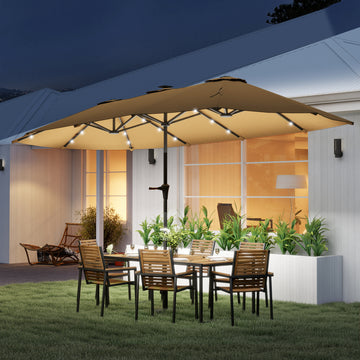 13ft Double-Sided Market Umbrella, Large Patio Umbrella with Solar Lights, Crank Handle for Garden, Pool, Yard, Khaki