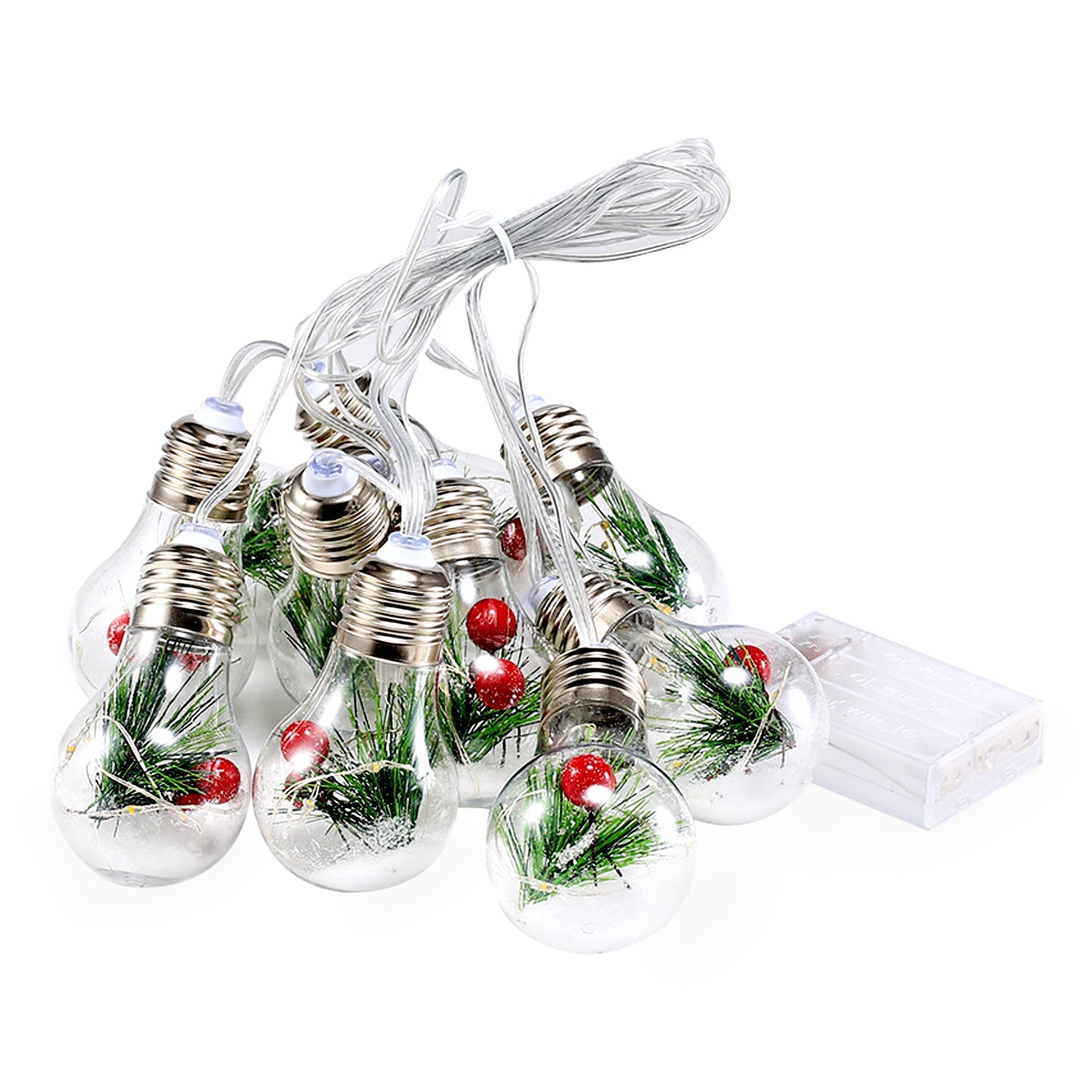 1Pc 13.78FT Christmas Snow Globe String Light Battery Powered 10 LED Bulbs Indoor Christmas Lights With Pine Needles Snowflakes Berries