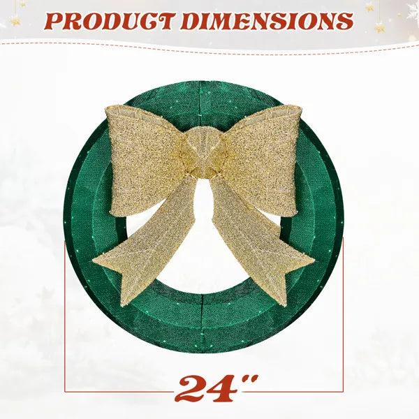 24in Pre-lit Outdoor Christmas Wreath Decoration, Lighted Metal Wreath With Golden Bow, Green And Warm White LED Lights, For Front Door Gate Wall Indoor Outdoor Holiday Party