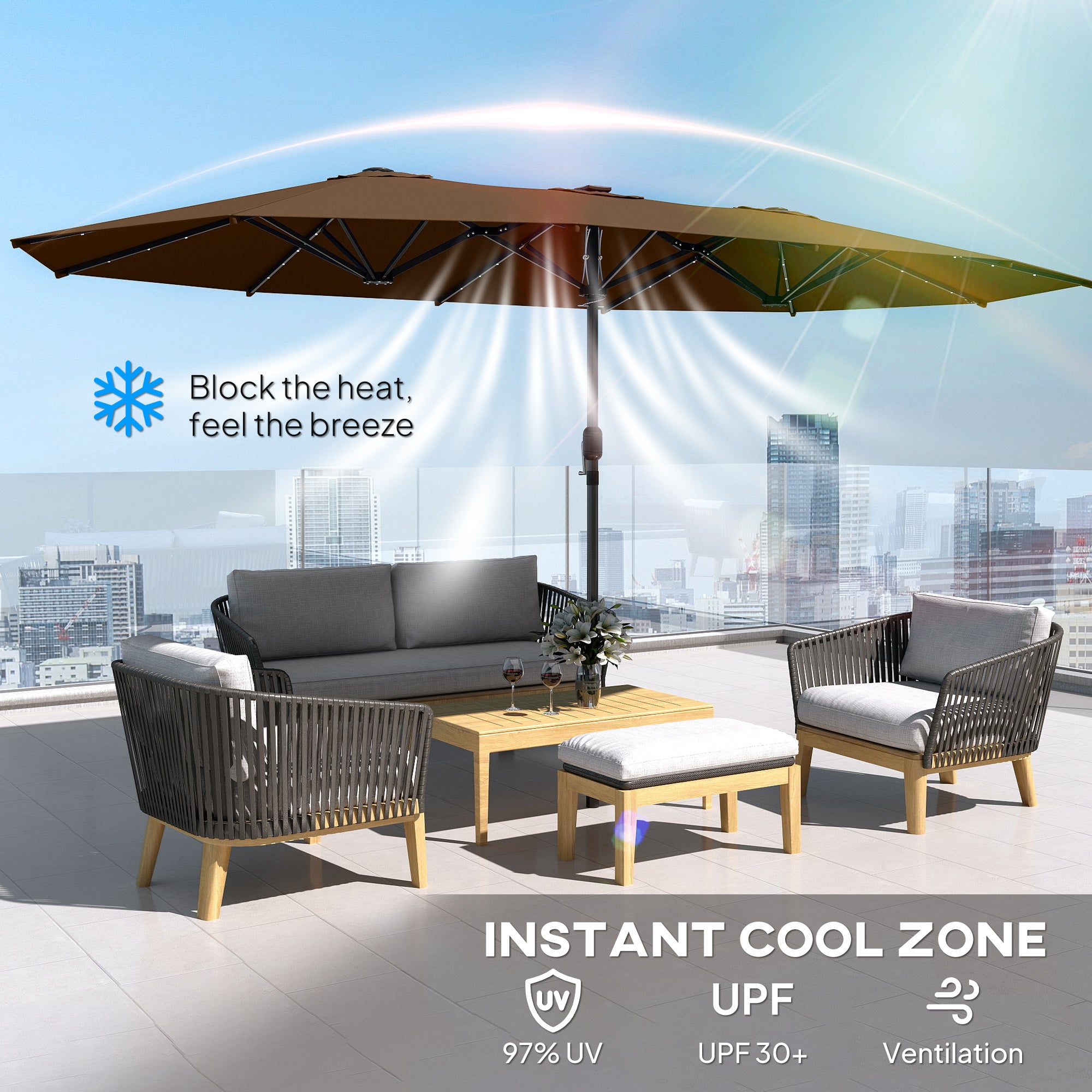 Garden Parasol, Double-Sided Sun Umbrella with LED Solar Lights, Patio Parasol for Outdoor, Coffee