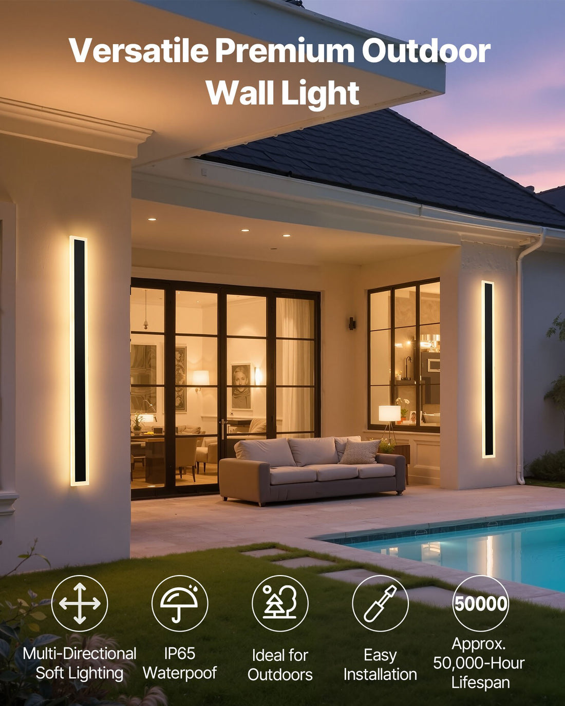 Outdoor Wall Lights, 2 Pack, 39.4 Inch Long Strip Modern Exterior Wall Sconce Light Fixtures, 3000K Warm White, IP65 Waterproof Anti-Rust Outside Wall Mount Lighting, For House, Porch, Garage