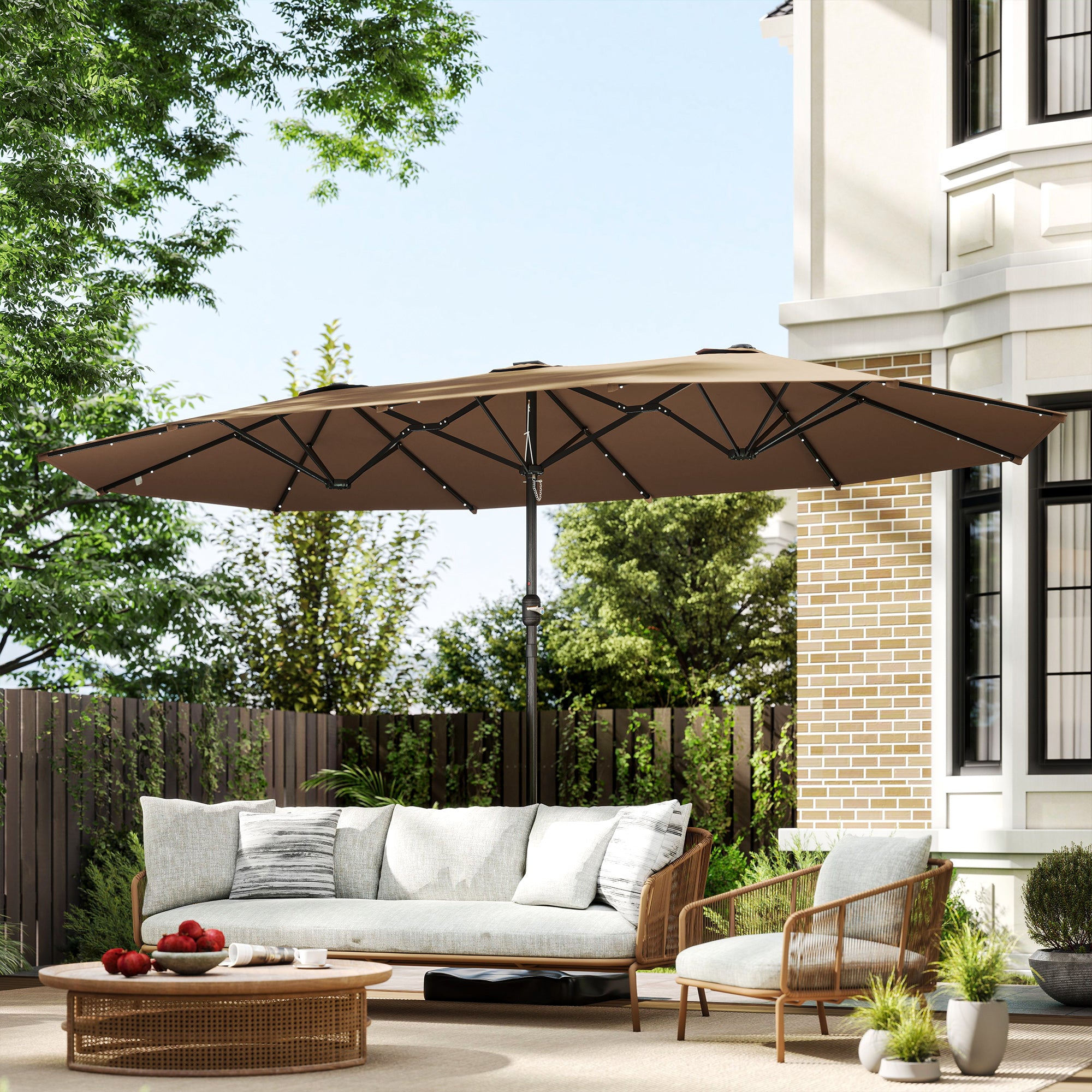Garden Parasol 14.4 ft. Double-Sided Sun Umbrella with Base, Patio Parasol with LED Solar Lights, Khaki