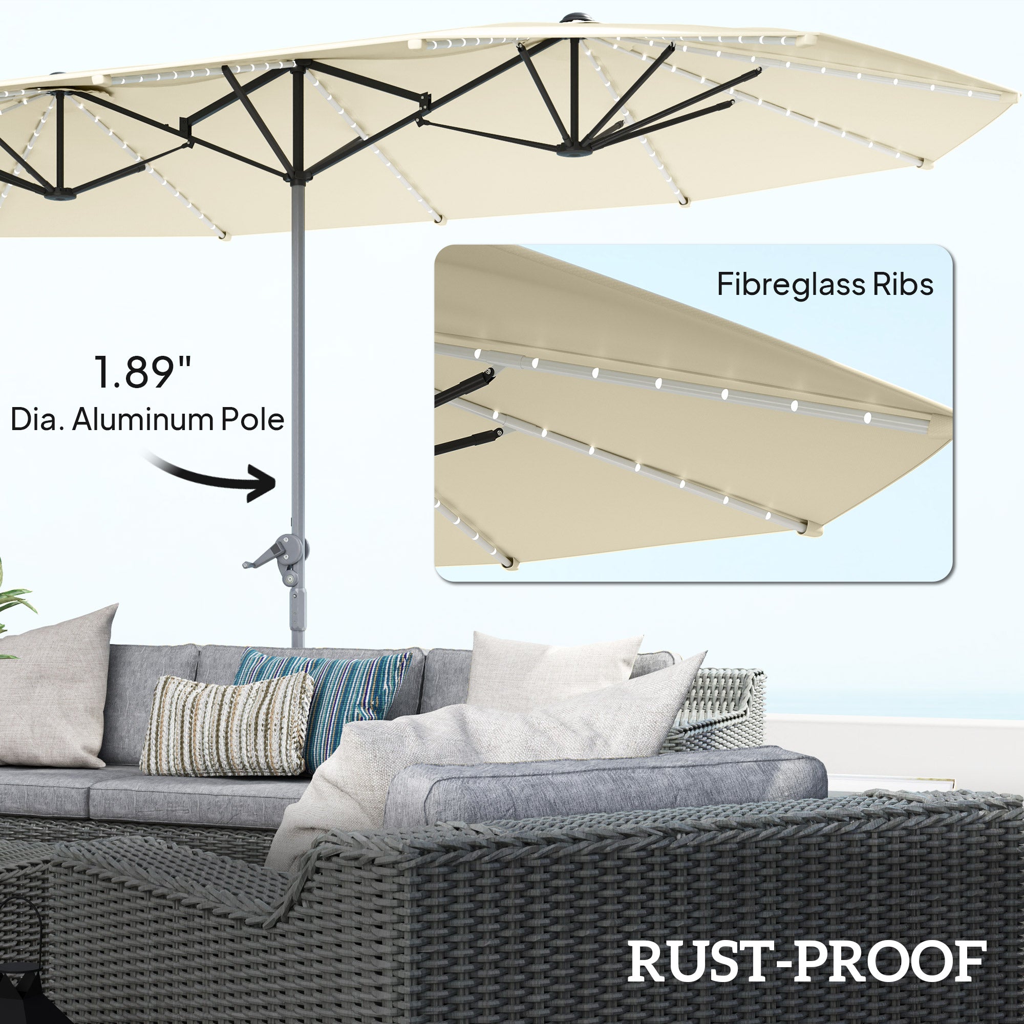 15ft Double-Sided Outdoor Umbrella with Solar Lights, UPF50+ Extra Large Aluminum Patio Umbrella with Crank, Cream White