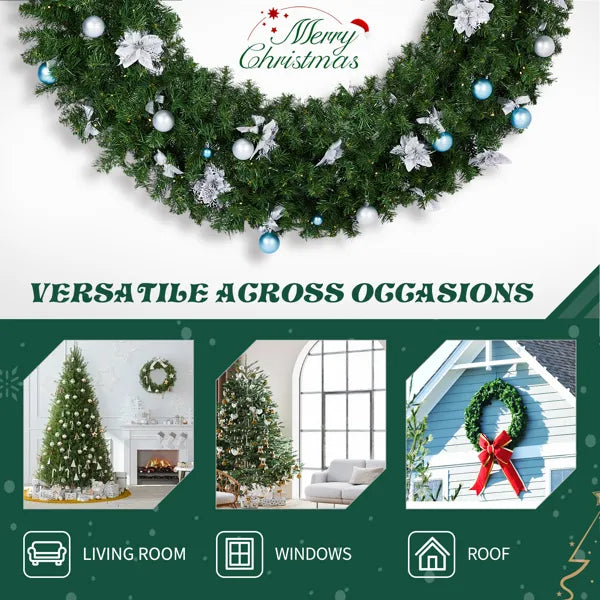 60in Pre-lit Christmas Wreath, Lighted Artificial Xmas Wreath With 220 Cold & Warm White Lights And 600 PVC Tips And DIY Ornaments, For Front Door Gate Wall Xmas Party Decorations, Light Green