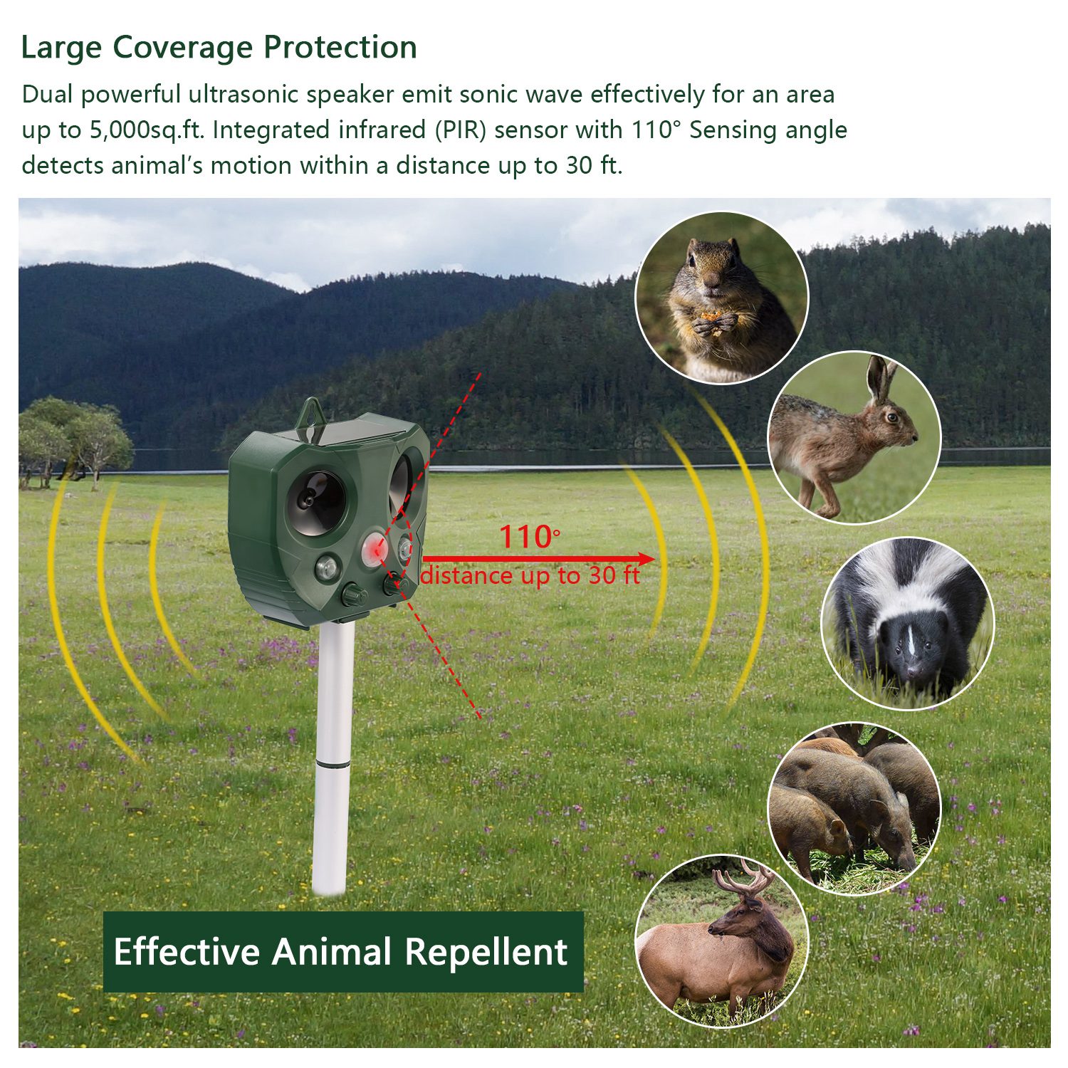 1Pc Ultrasonic Animal Repeller Solar Powered Repellent With Motion Sensor LED Flashing Lights IPX6 Waterproof Outdoor For Farm Garden Yard