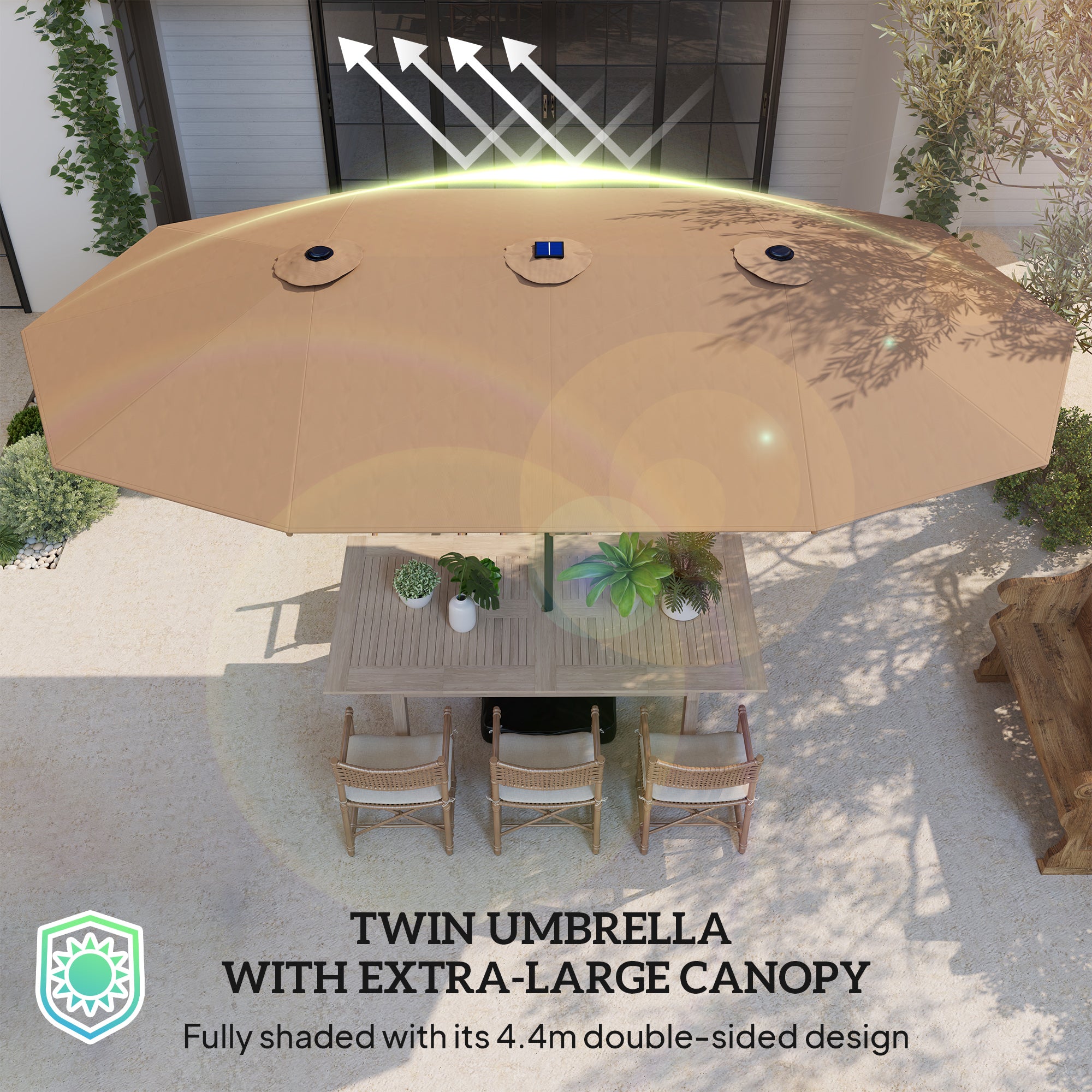 Garden Parasol 14.4 ft. Double-Sided Sun Umbrella with Base, Patio Parasol with LED Solar Lights, Khaki